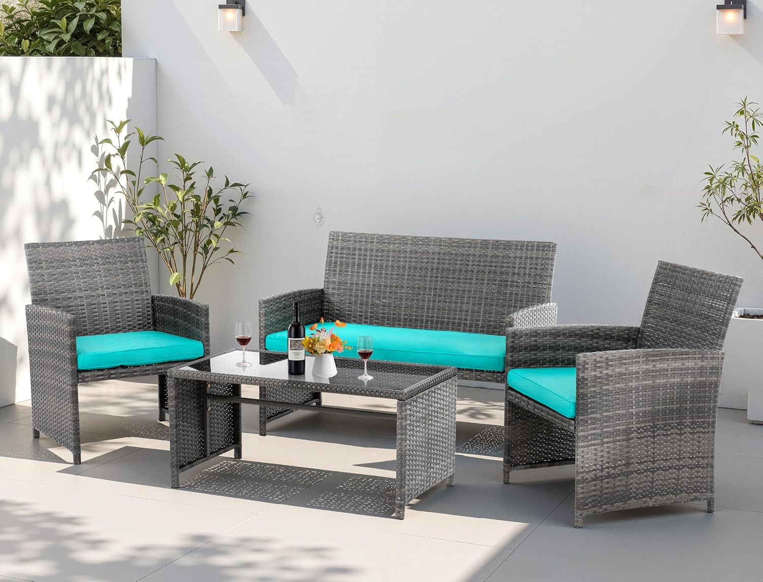 4 Piece Patio Ratten Set Outdoor Furniture Set Wicker Conversation Sets with Cus