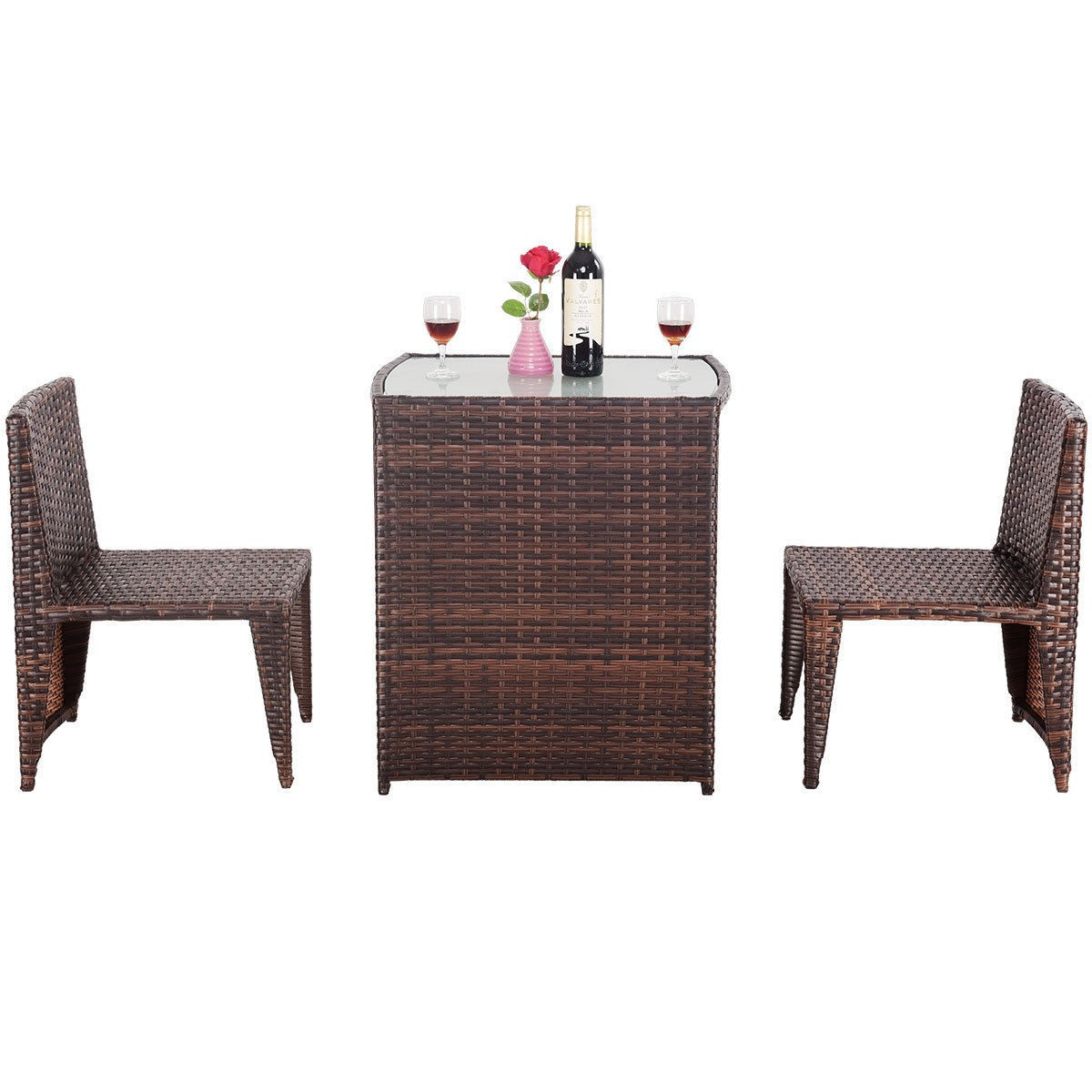 3 Pcs Cushioned Outdoor Wicker Patio Ergonomic Set Outdoor Small Space Furniture