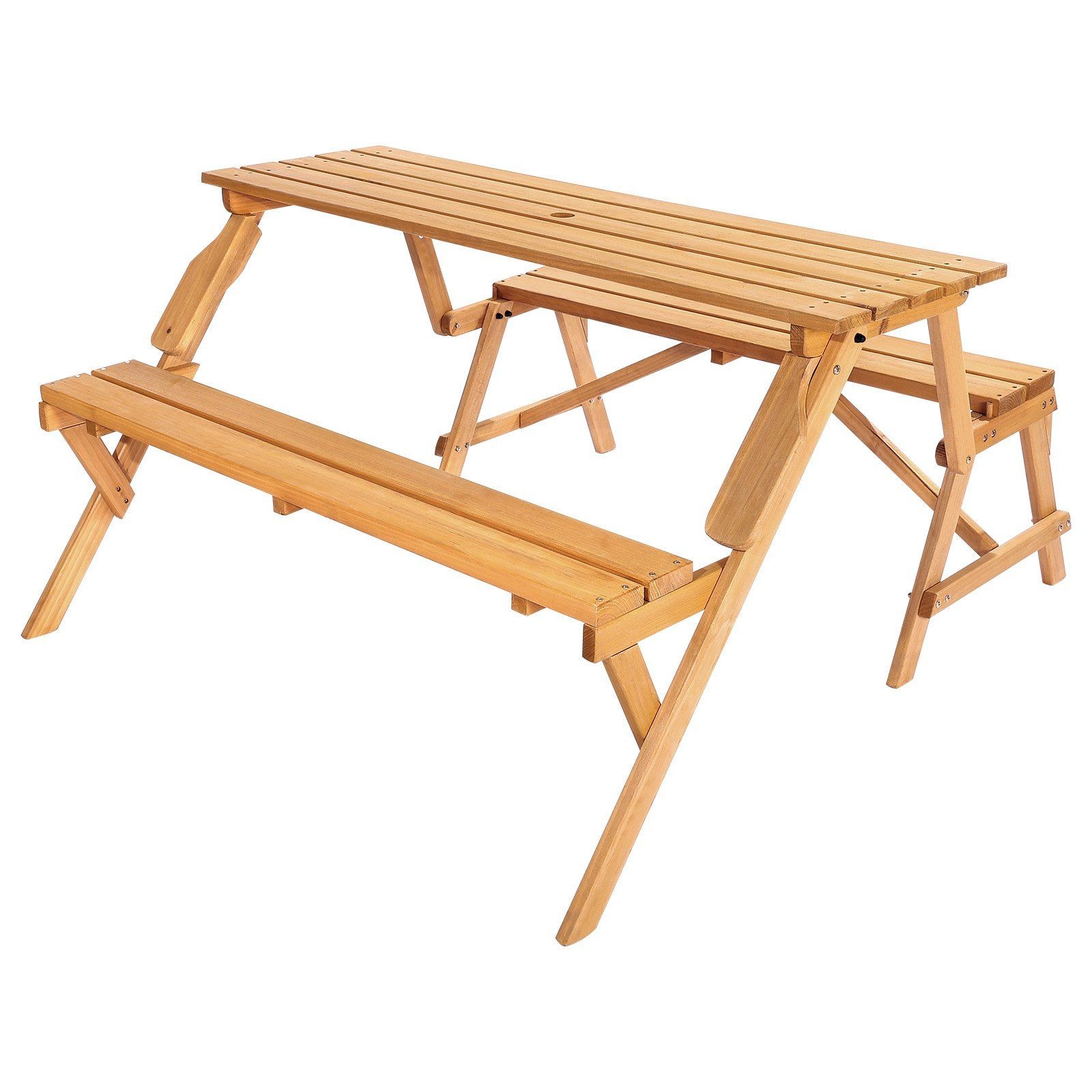 2-in-1 Brown Fir Wood Picnic Table & Bench Set Umbrella Hole 100lb/500lb