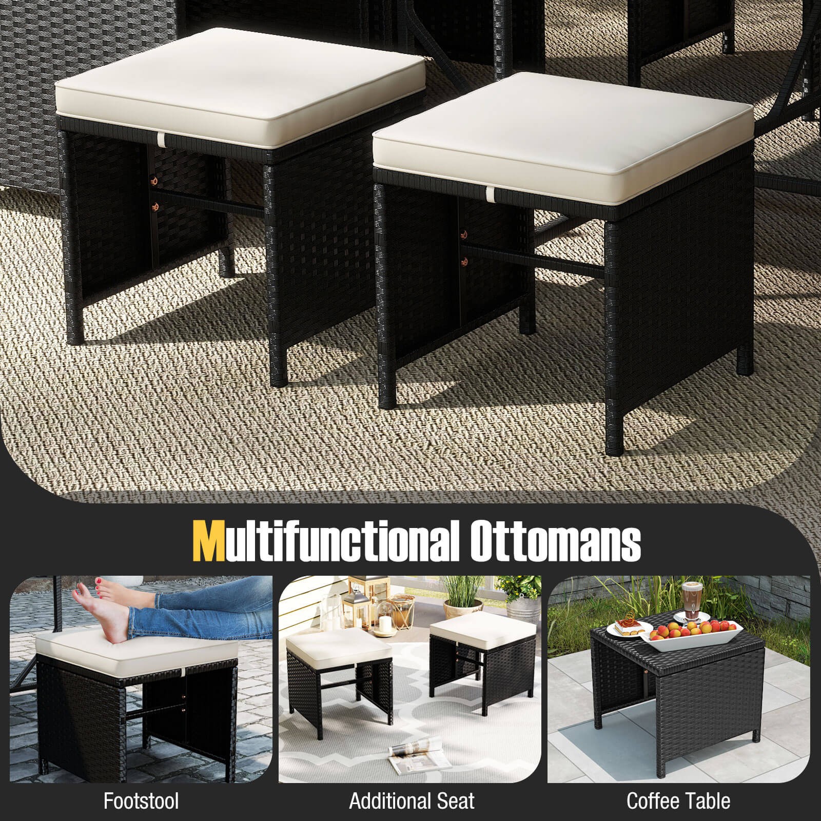 9 PCS Patio Dining Set w/Tempered Glass Table & Ottoman Removable Cushions