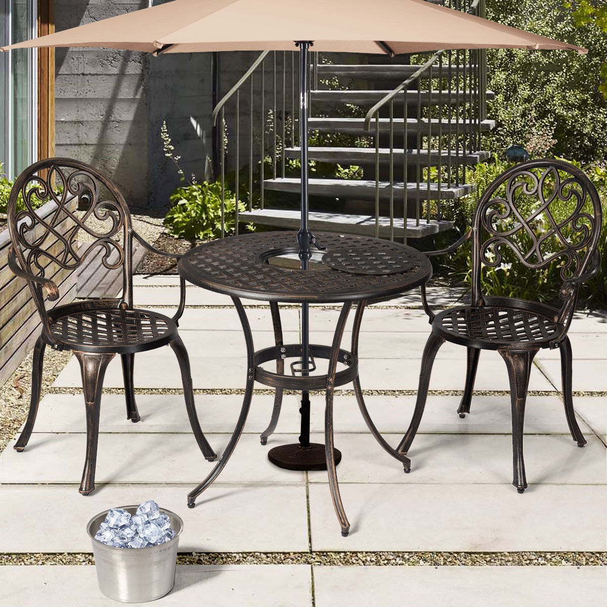3PCS Outdoor Bistro Table Chairs Set Cast Aluminum w/ Removable Ice Bucket Patio