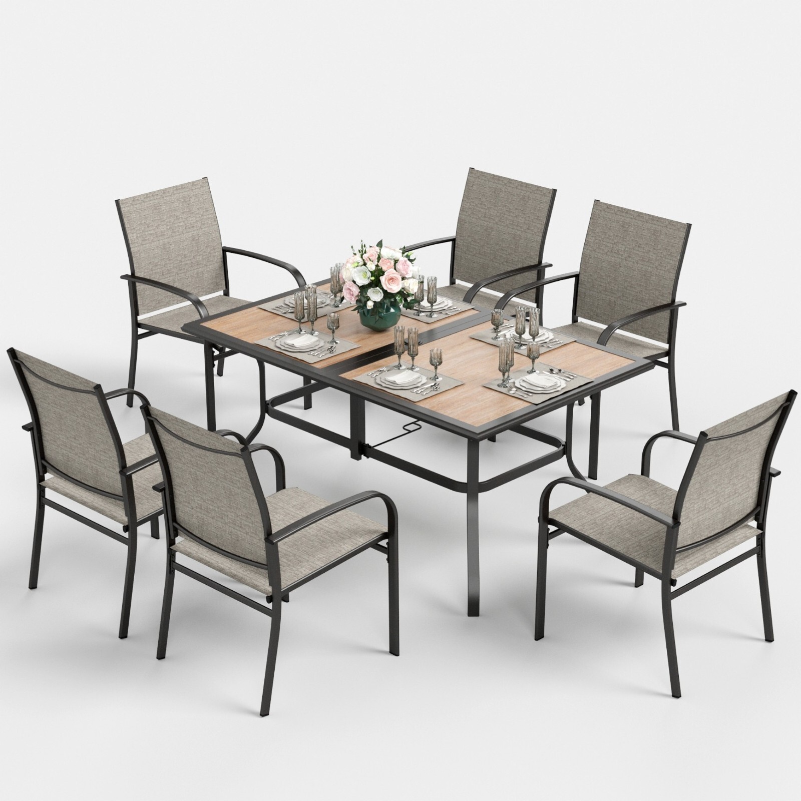7 Piece Outdoor Dining Table Set High Back Patio Table Chairs for 6 Person