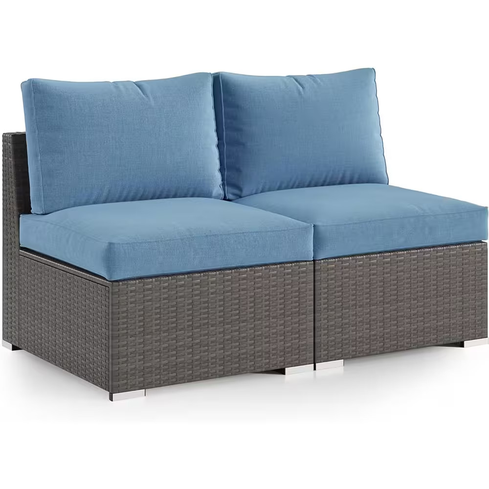 Wicker Outdoor Loveseat with Blue Cushions, 2 Piece Patio Armless Rattan Sofa, 2