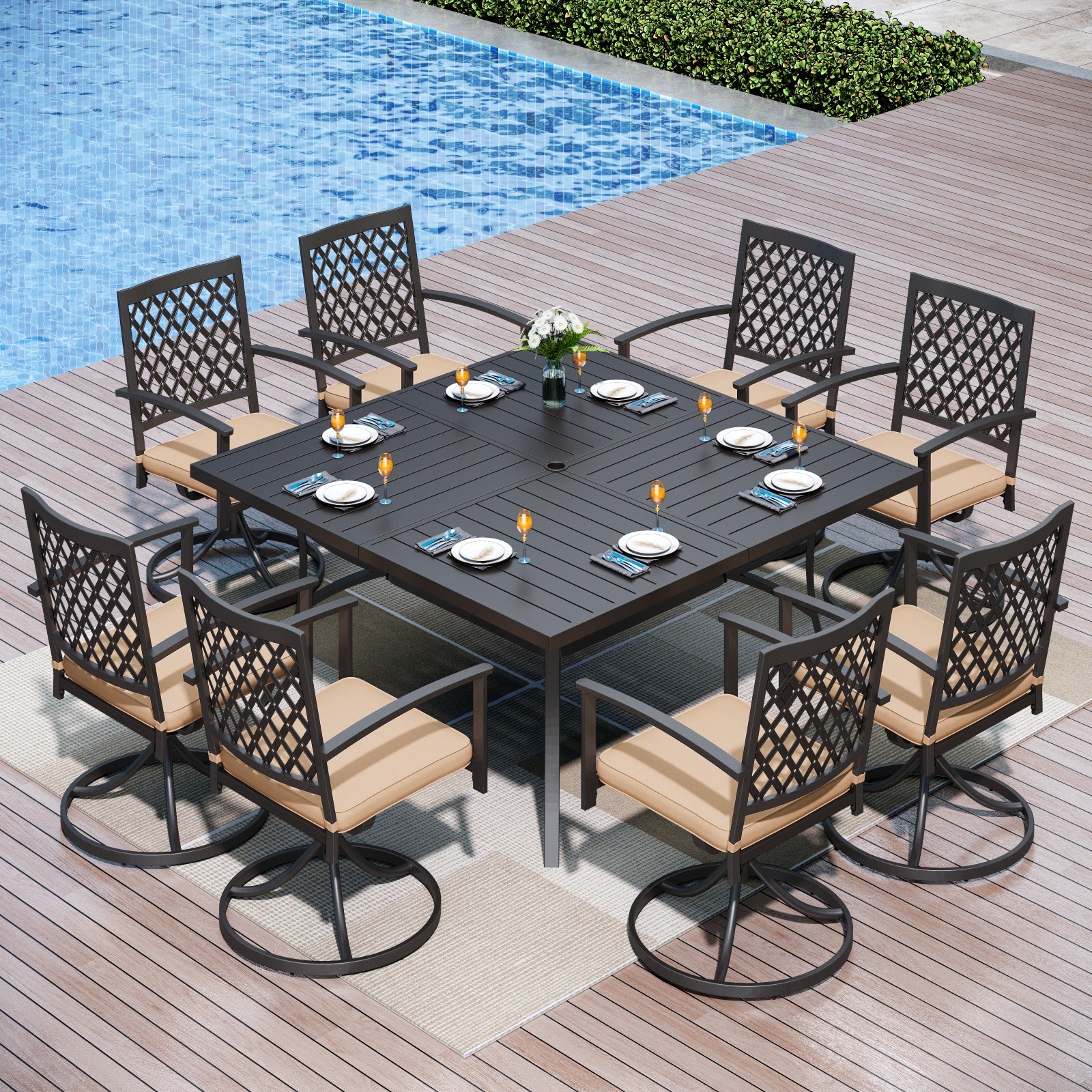 9PCS Outdoor Dining Set Heavy Duty Swivel Chairs Square Table with Umbrella Hole