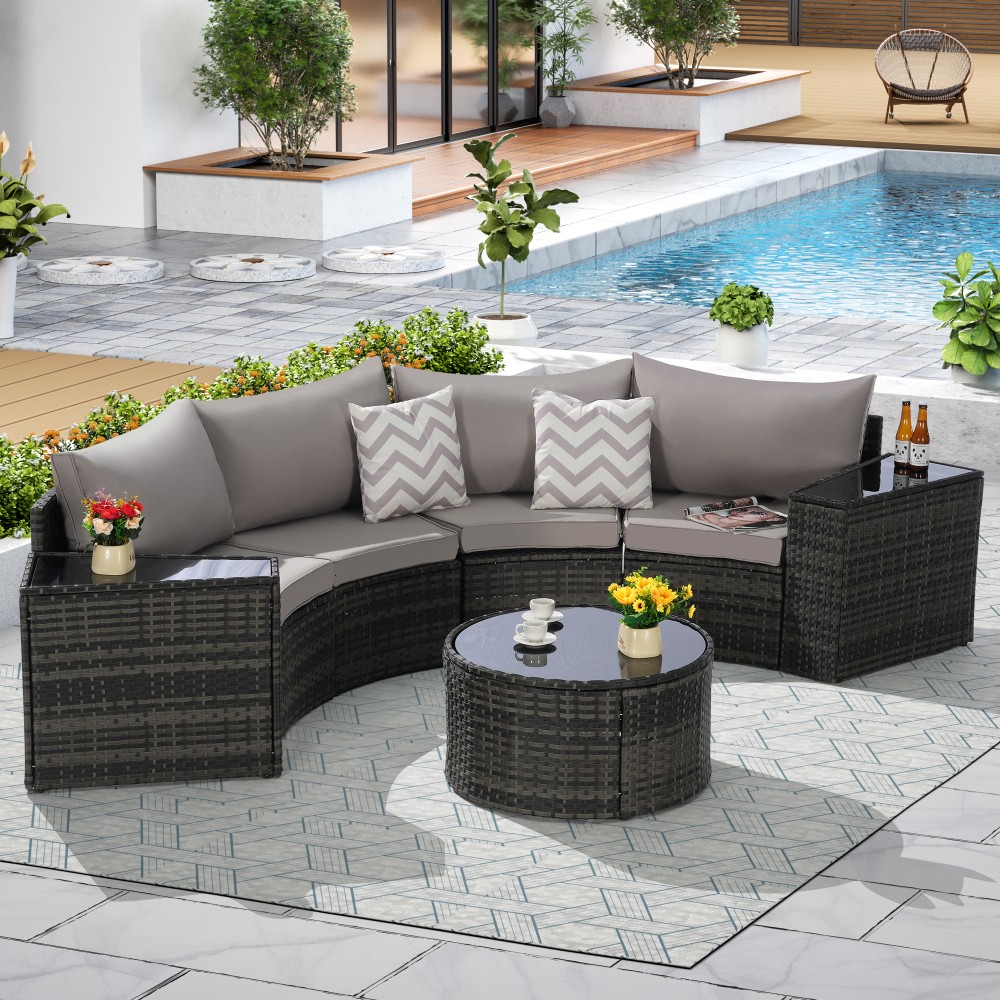 7pc Half Moon Sectional Patio Set w/ Glass Table & Cushions, Light Gray