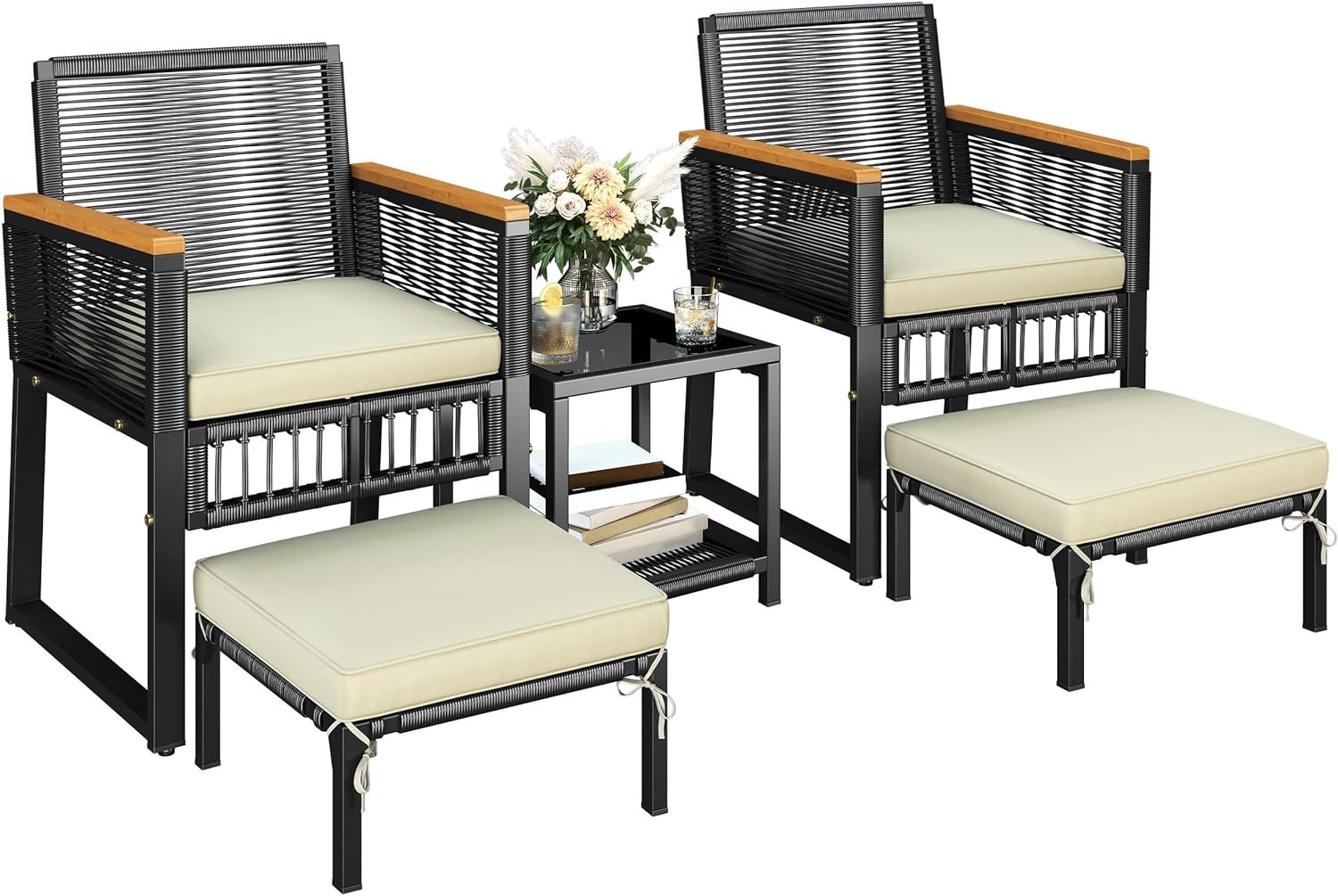 5-Piece Outdoor Conversation Set, Wicker Rattan Patio Furniture Set W/Rattan Arm