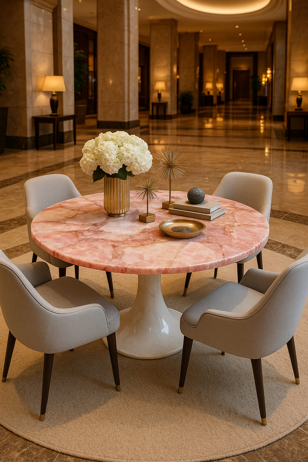 Round Rose Quartz Center Coffee Table Top Luxury Handmade Furniture Centerpiece
