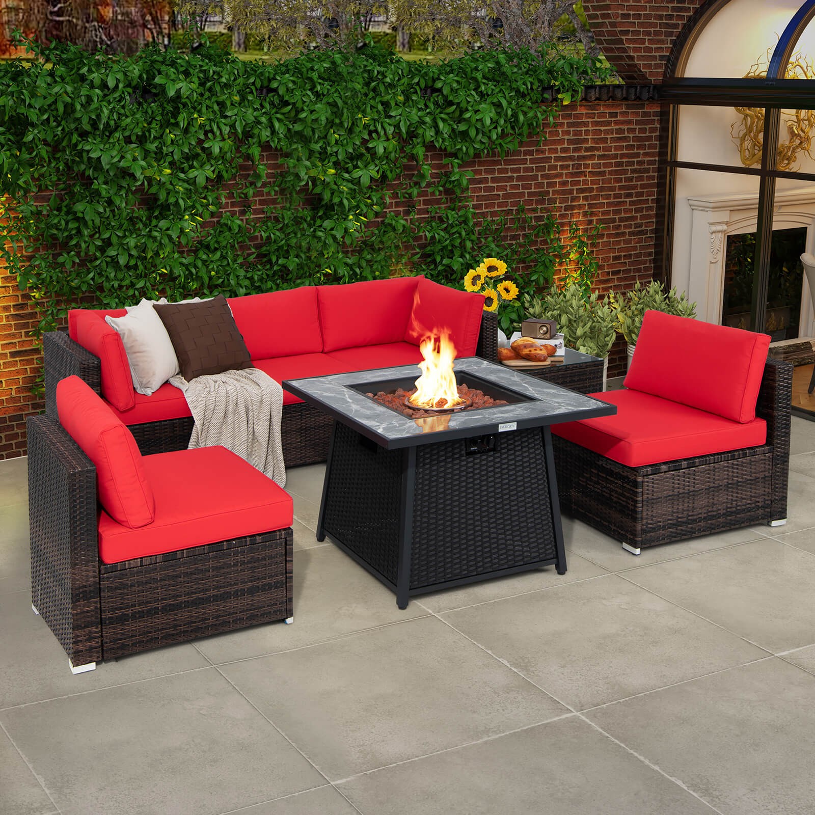 7 PCS Patio Furniture Set w/ Waterproof Cover & 35″ Propane Gas Fire Pit Table