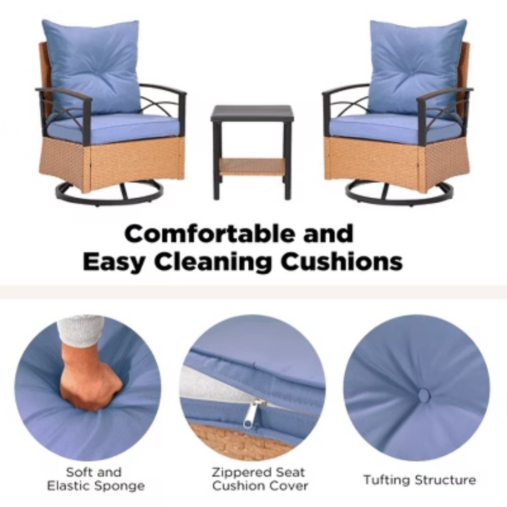 HOMMOW 3-Piece Patio Swivel Rocker Set: 2 Rattan Chairs & 1 Coffee Table