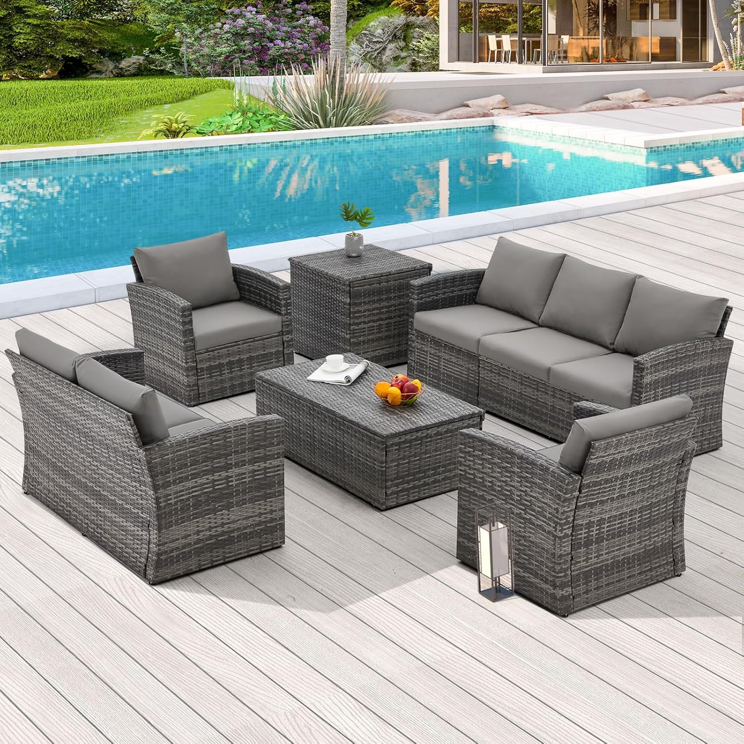 7 Piece Outdoor Patio Set Wicker Conversation Furniture with Two Tables Garden