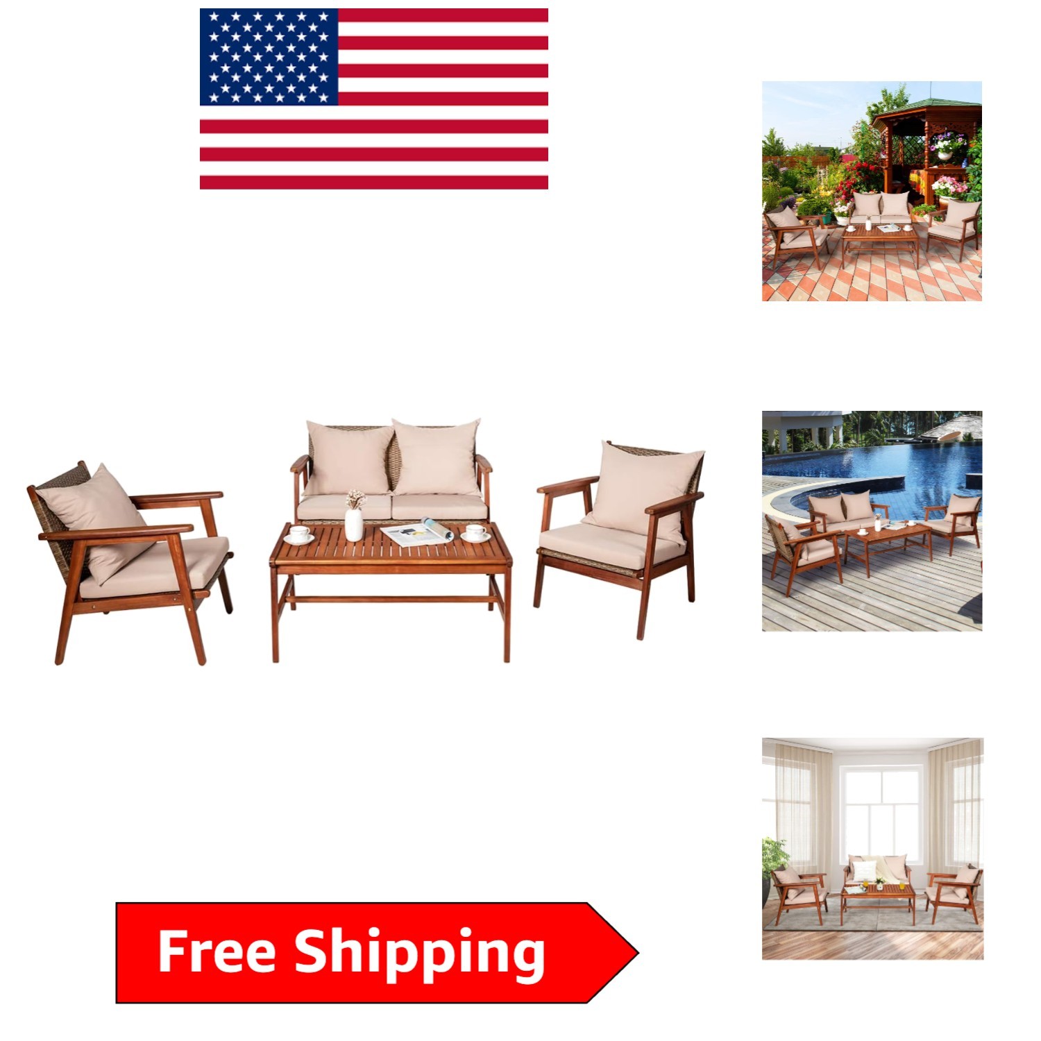 Stylish 4 PCS Wood Sofa Set with Thick Cushions – Perfect for Patio & Garden
