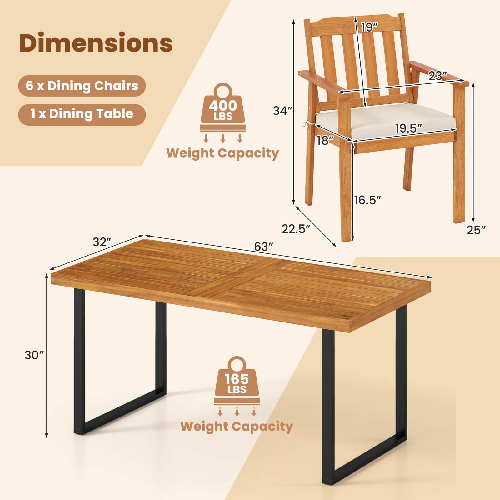 7PCS Patio Dining Table Set, 63” Table & 6 Acacia Wood Armchairs w/Umbrella Hole