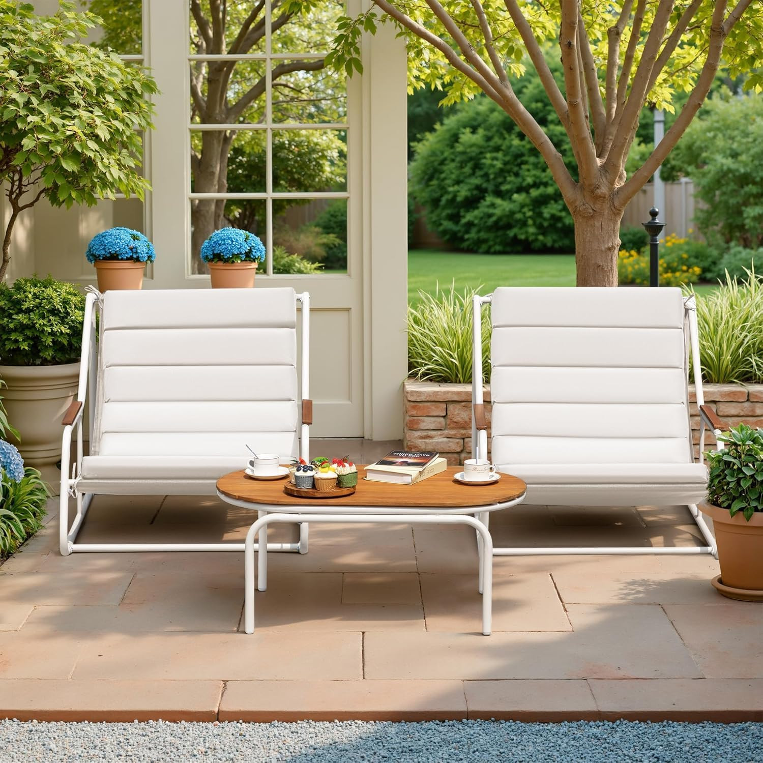 3-Pc Patio Furniture Set 2 All-Weather Teslin Chaise Lounge Chairs with Acacia W