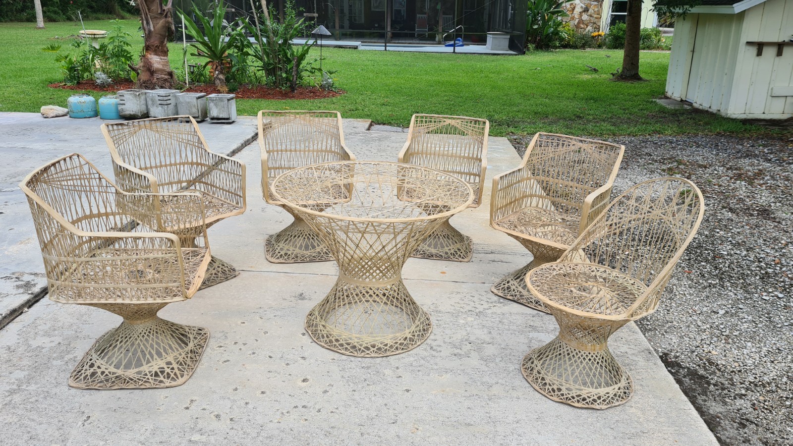 Vintage MCM Russell Woodard Spun Fiberglass Patio Dining Table Base 6 Chairs