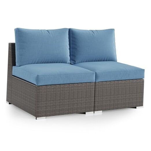 2 Piece Patio Armless Sofa, Outdoor Wicker Sectional Furniture Loveseat Blue