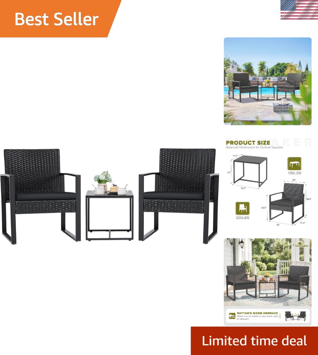 Durable 3-Piece Black Rattan Chair Set with Coffee Table for Outdoor Relaxation