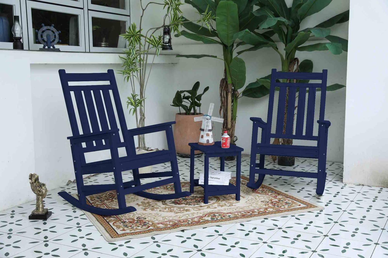 Navy Blue Wood Grain Rocking Chairs 3-piece Set (2 rocking chairs and 1 table)