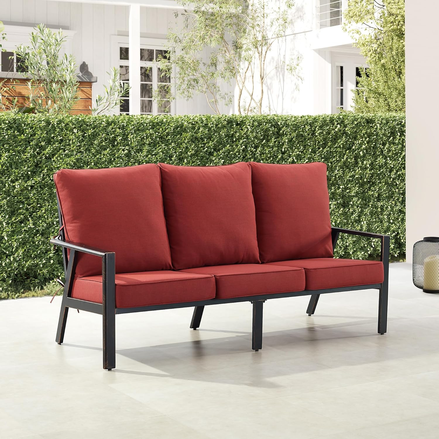 Stylish Black Aluminum Outdoor Sofa with Cozy Red Cushions