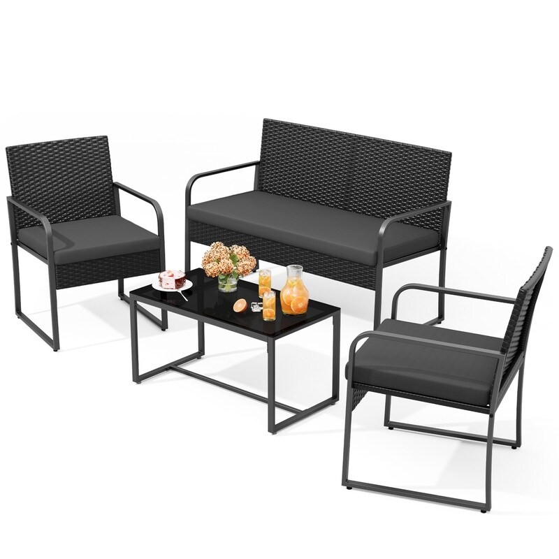Gizoon 4-Piece Black Wicker Patio Furniture Set with Glass Coffee Table