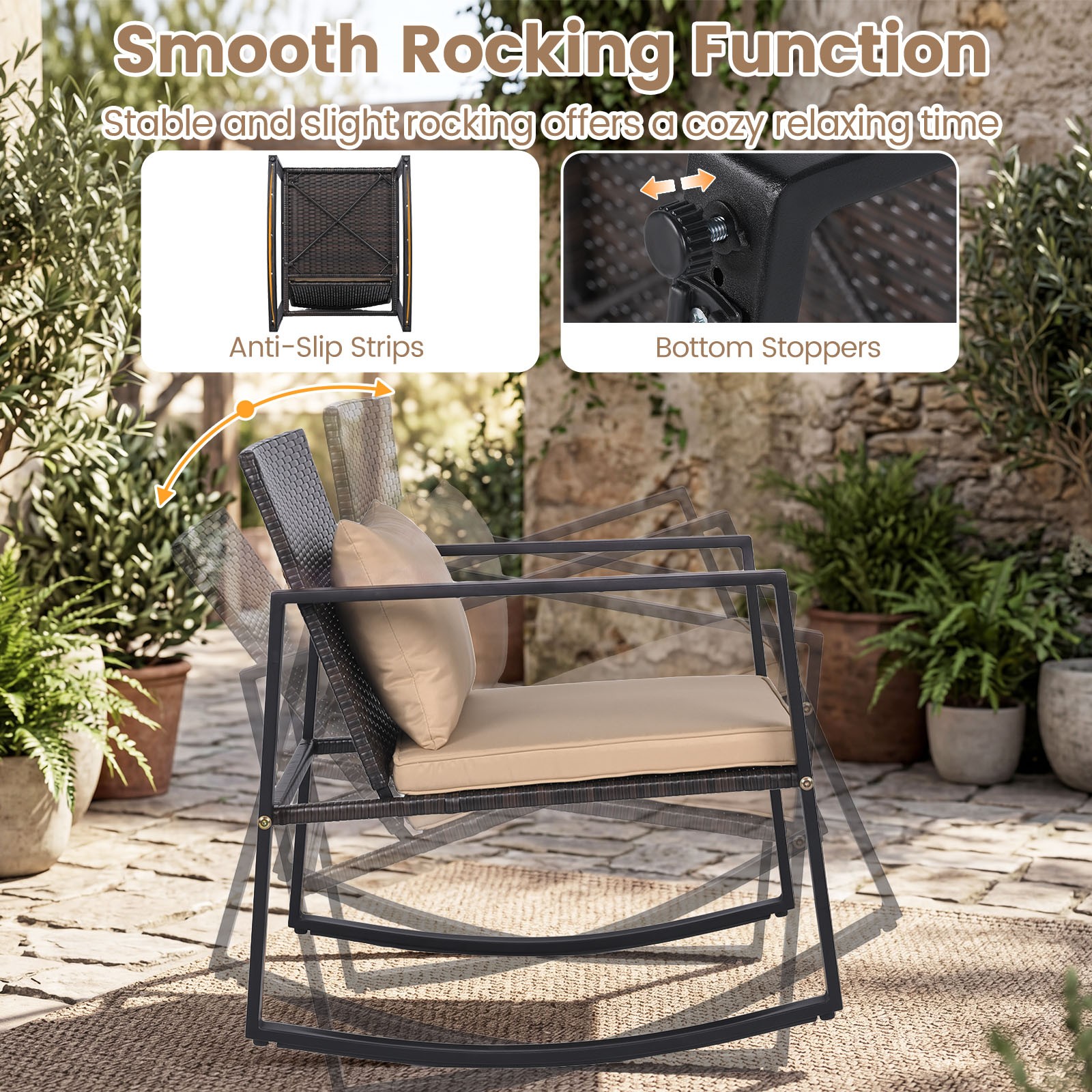3-Piece Outdoor Rocking Bistro Set Patio Rocking Chairs & Coffee Table Set