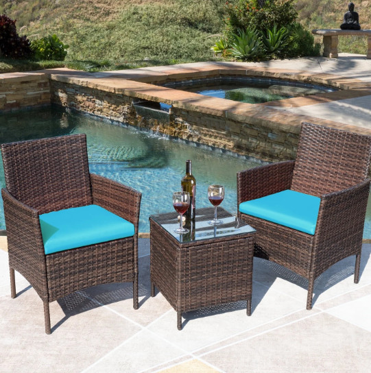 Devoko 3pc Outdoor Patio Conversation Set Wicker Bistro Chairs Blue