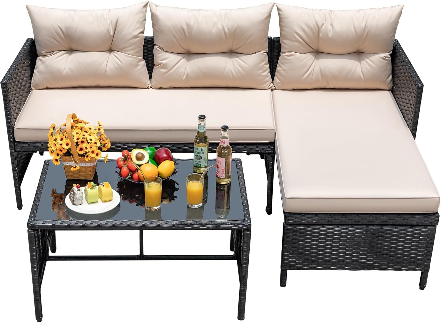 3 Piece Outdoor Patio Furniture Set Rattan Sectional Sofa Glass Table Beige Set