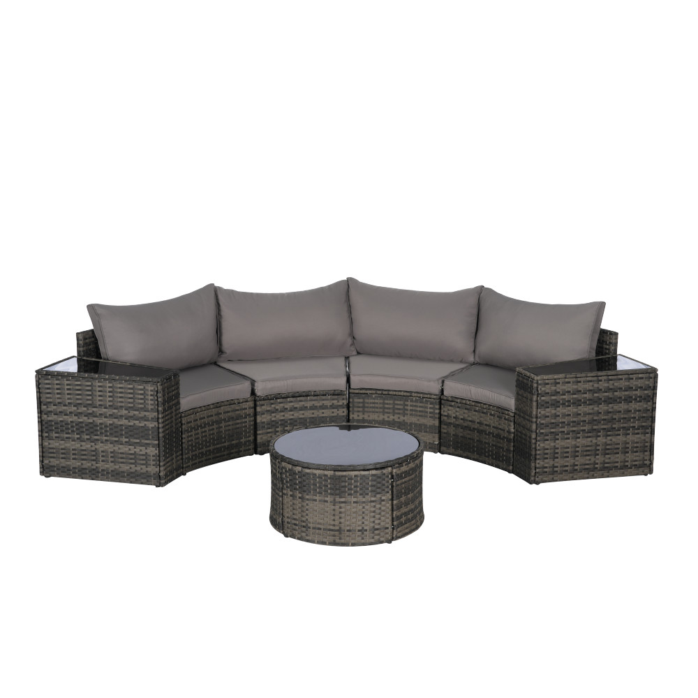 7pc Half Moon Sectional Patio Set w/ Glass Table & Cushions, Light Gray