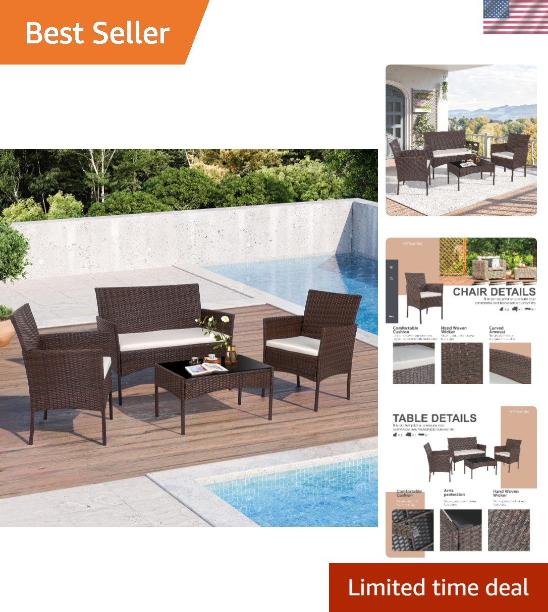 4 Piece Modern Wicker Rattan Outdoor Patio Set with Loveseat and Coffee Table