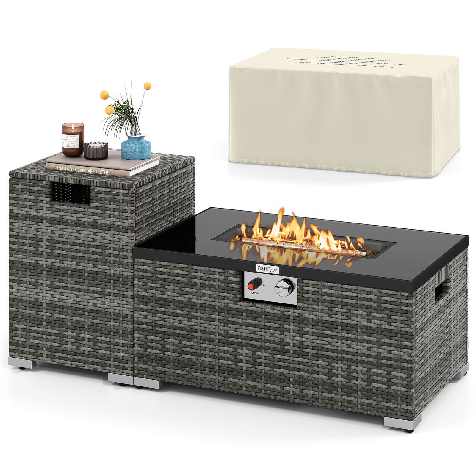 2 PCS Outdoor Rattan Fire Table Set w/ Tank Cover Tempered Glass Tabletop