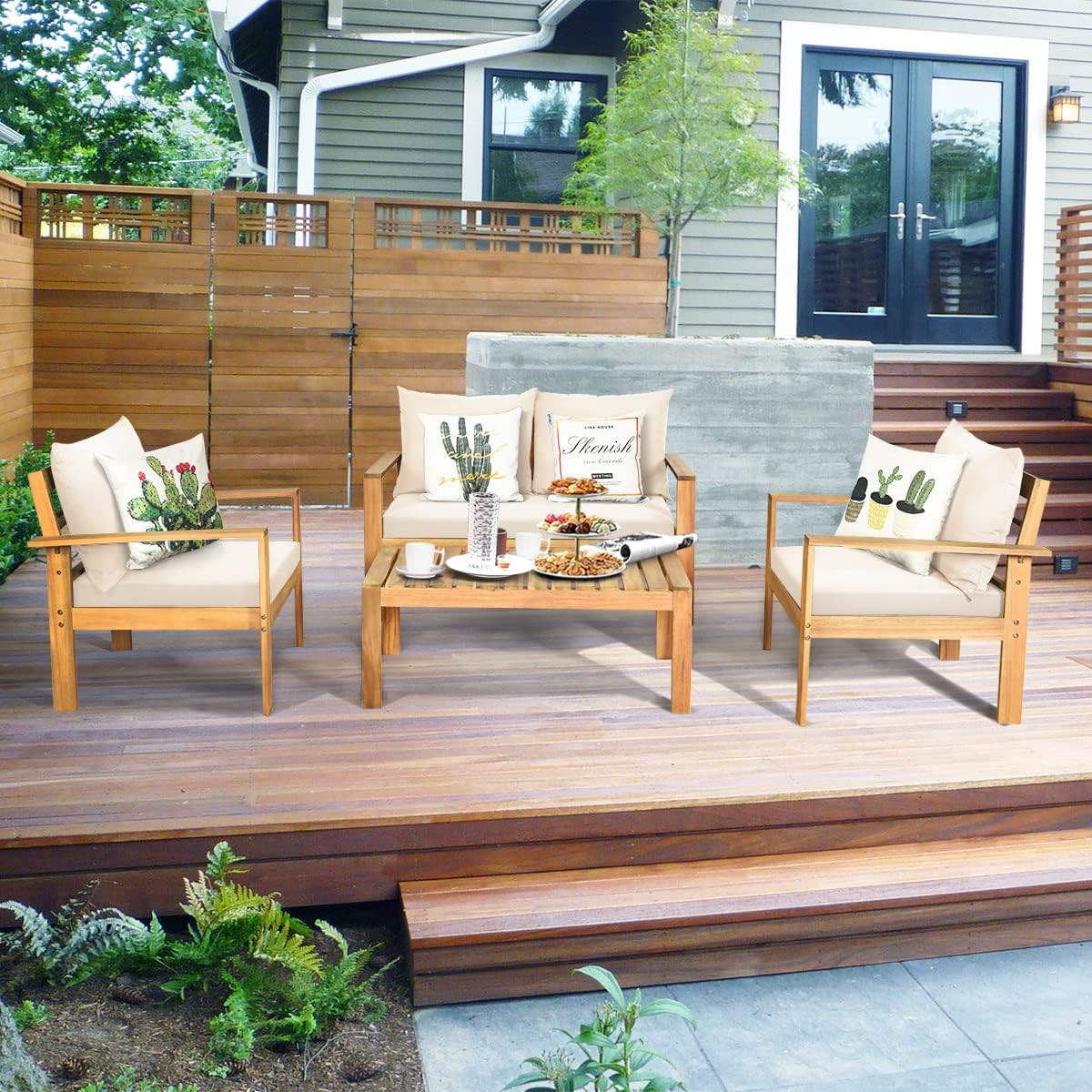 Acacia Wood 4-Piece Outdoor Chat Set with Water Resistant Cushions – White
