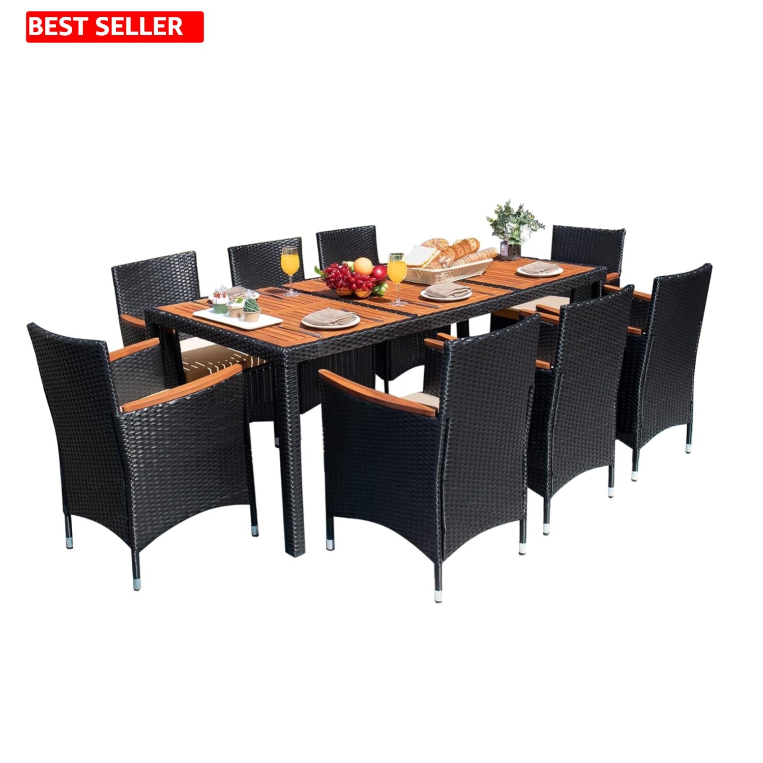 9-Piece Wicker Outdoor Dining Set with Acacia Wood Table for Elegant Gatherings