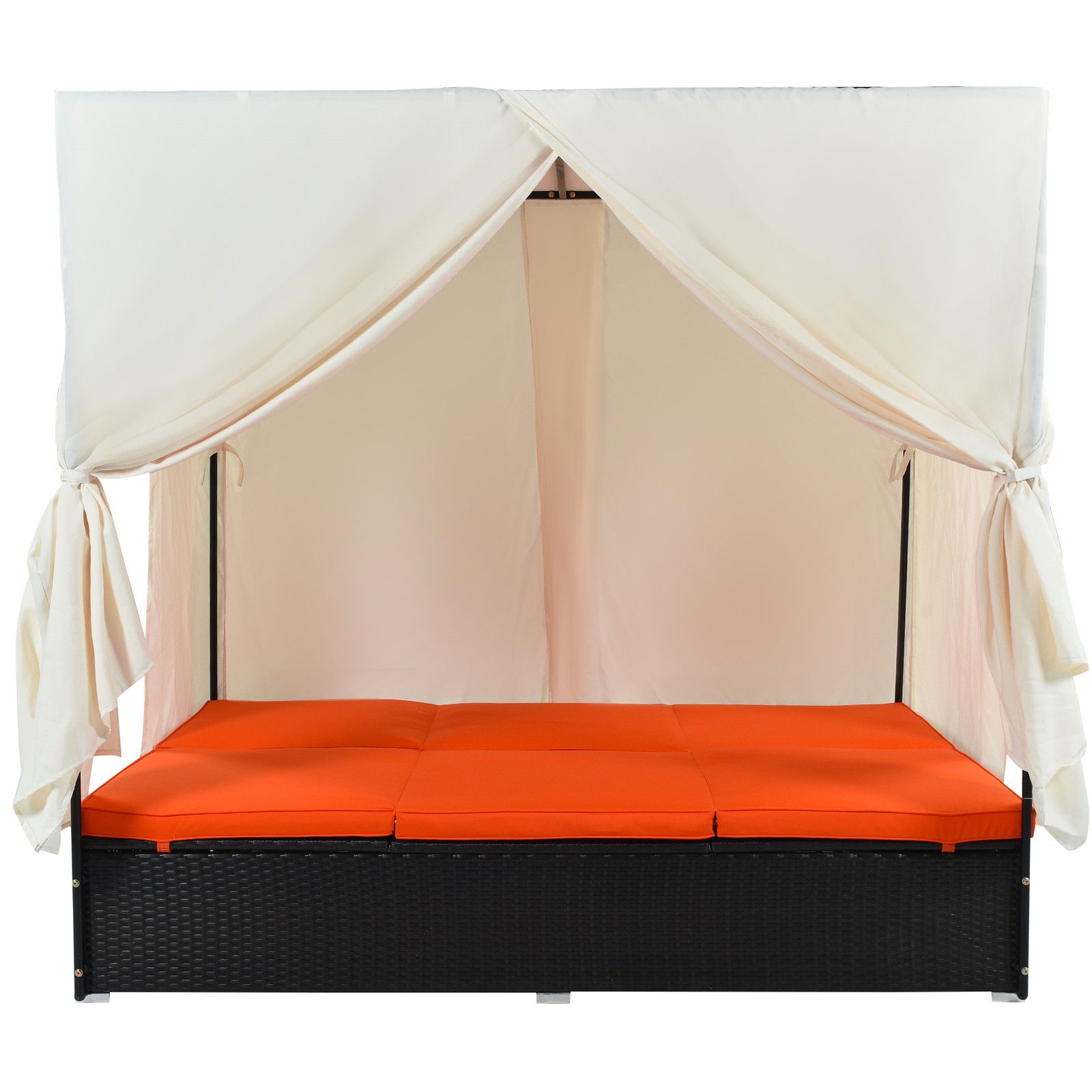 Outdoor Double Chaise Lounge Daybed with Curtains, Adjustable Backrest