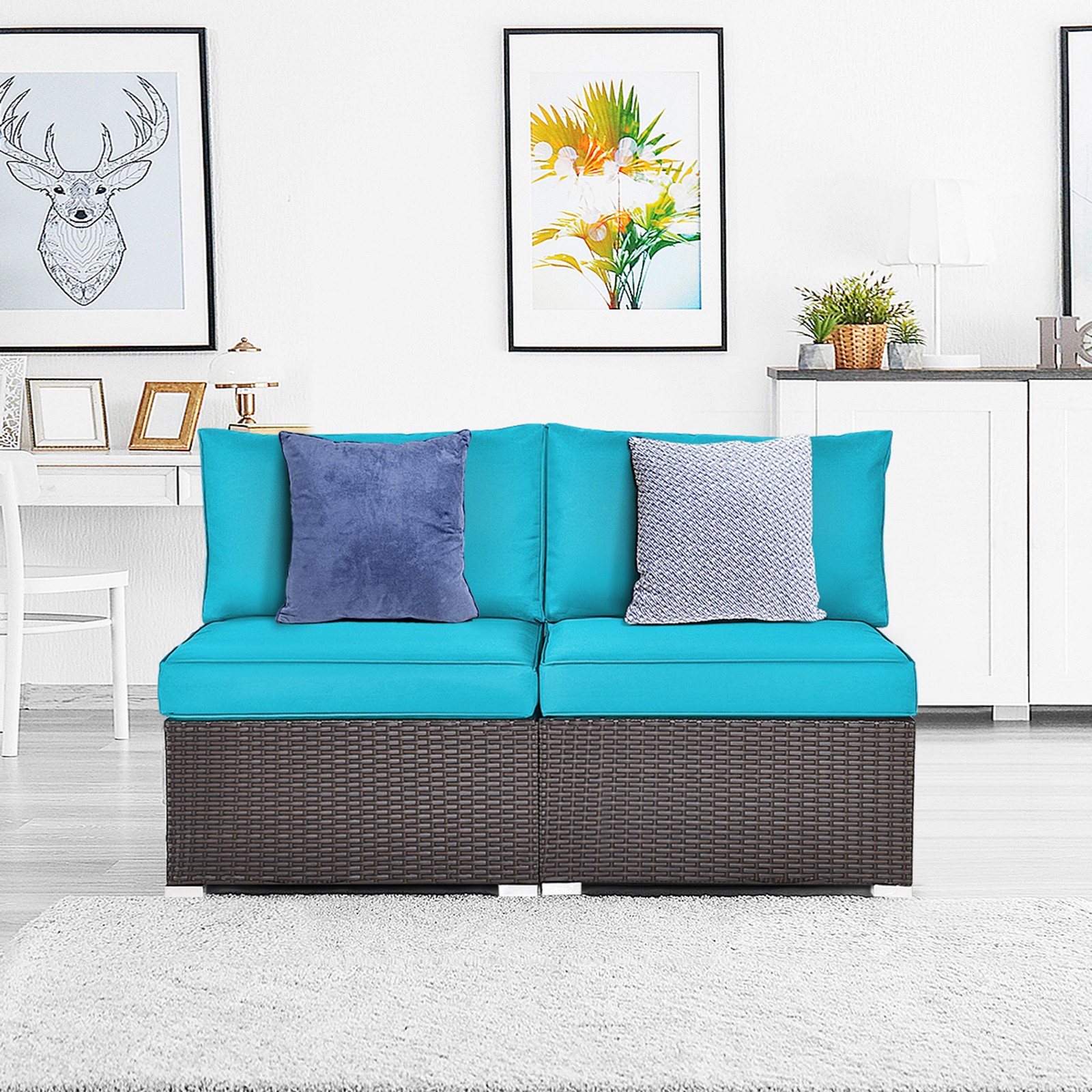 2PCS Patio Wicker Rattan Sectional Armless Chair Sofa w/ Turquoise Cushion