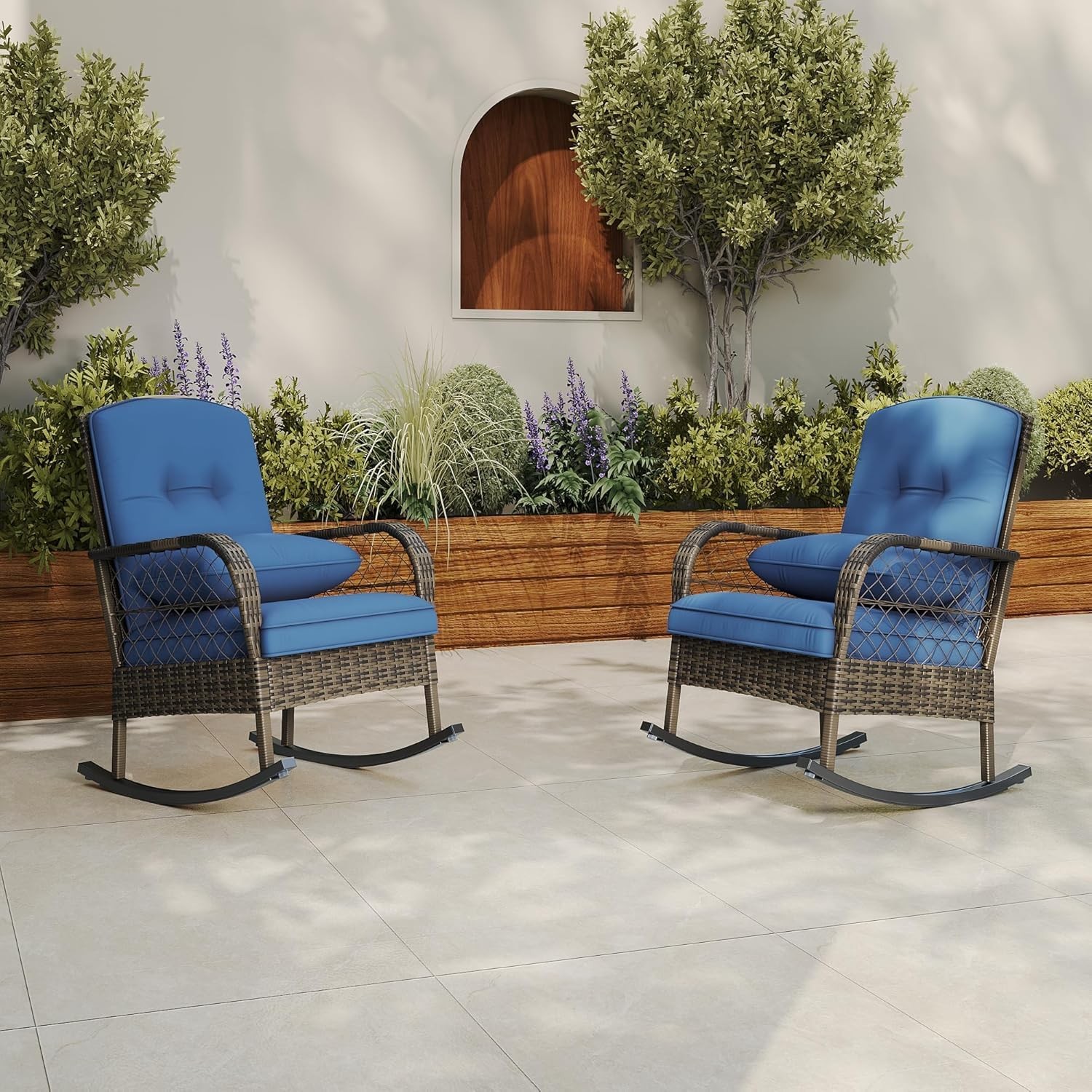 Outdoor Rocking Chairs Wicker High Back Ergonomic Handwoven Brown Rattan Cushion