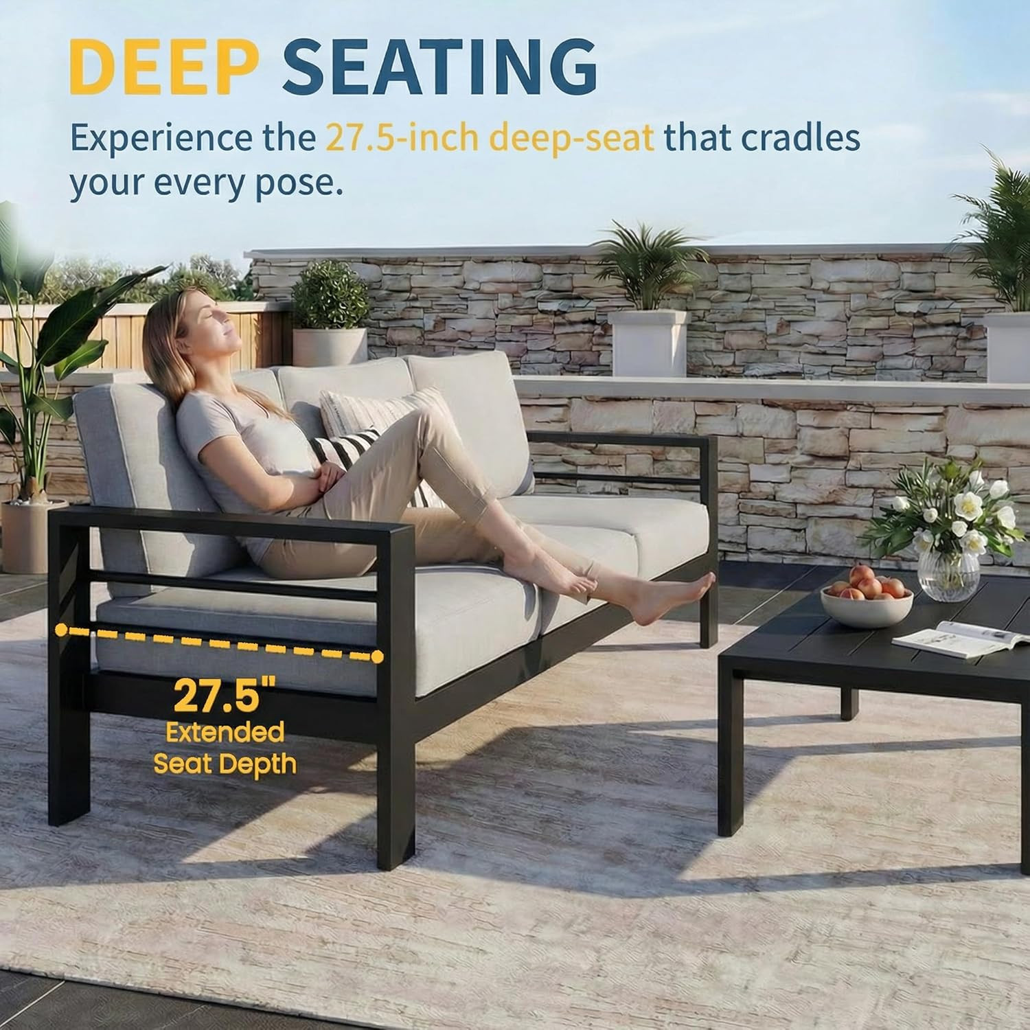 Oversized Aluminum Patio Furniture Set with Deep Seating & Cushions, Black/Gray