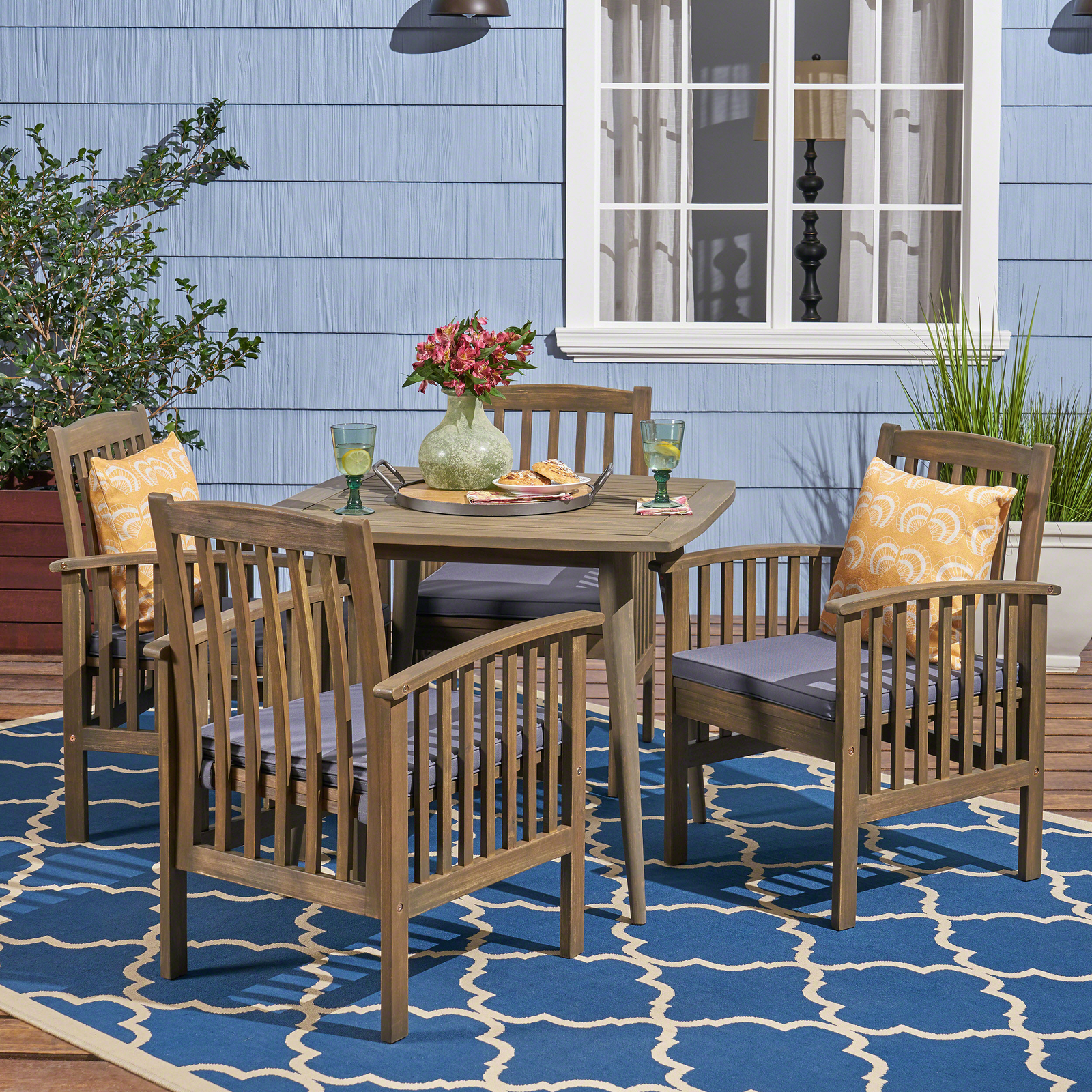 Phoenix Outdoor Acacia 4-Seater Dining Set with Cushions and 36″ Square Table wi