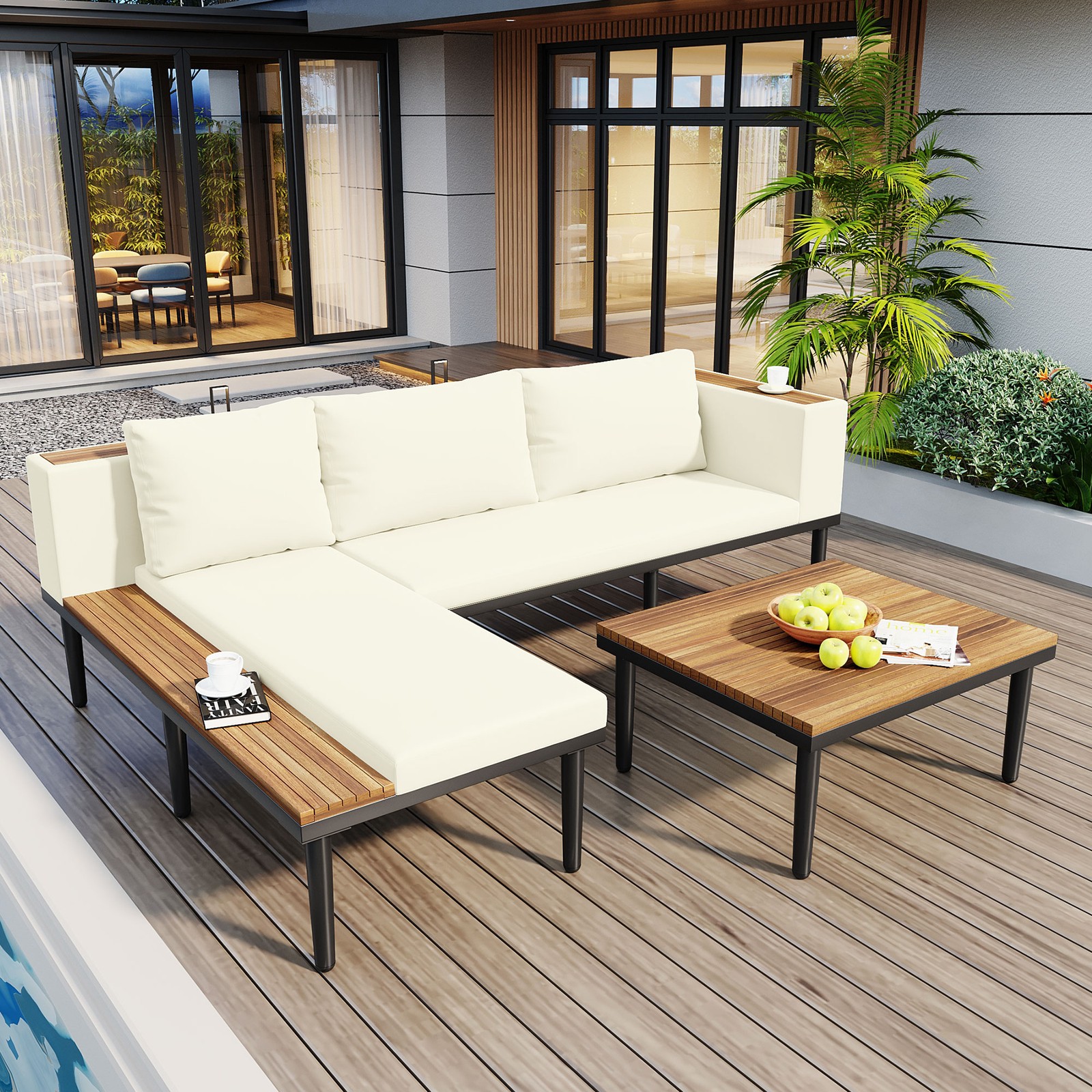 Acacia Wood L-Shaped Outdoor Sectional Sofa Set with Cushions