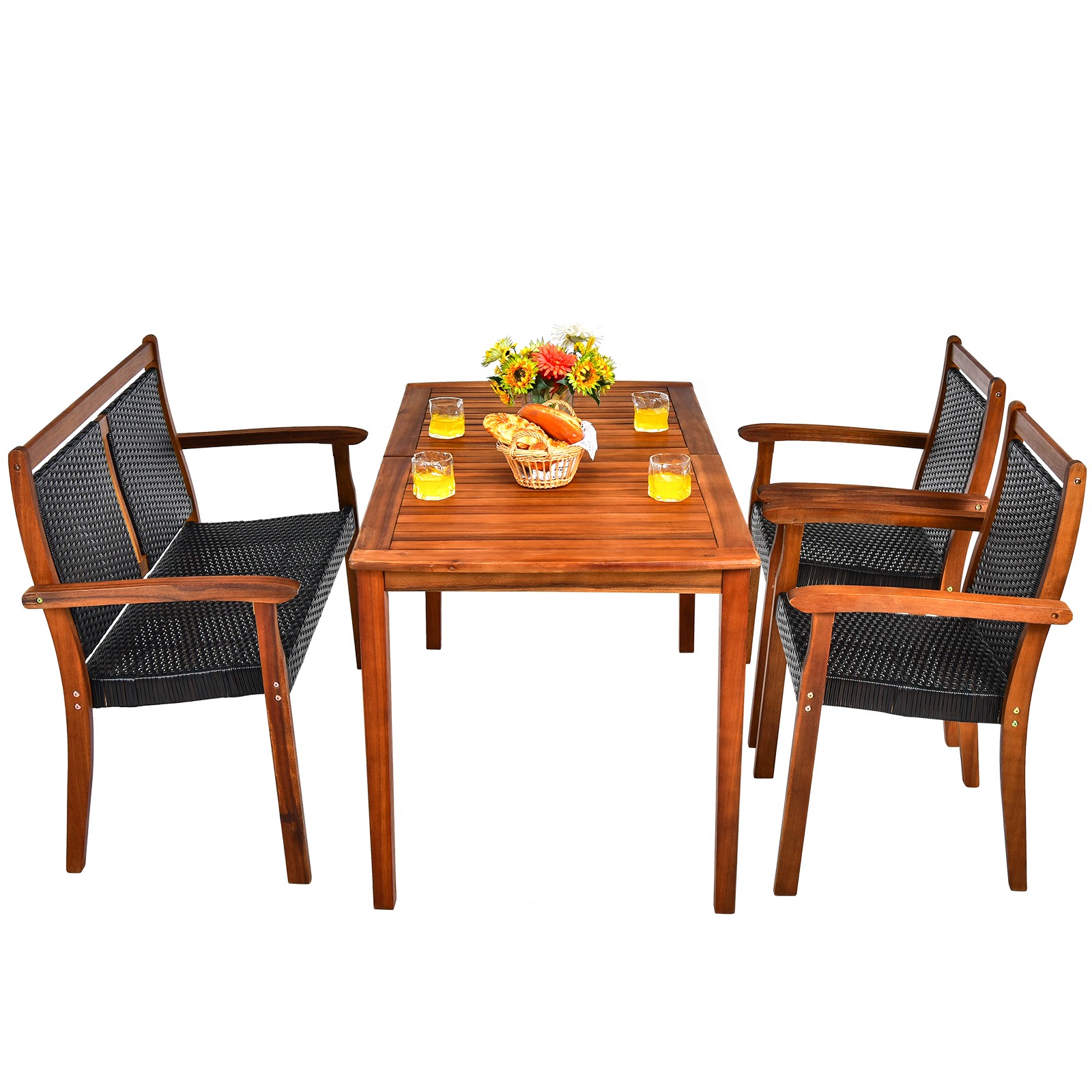 Patiojoy Outdoor 4PCS Rattan Dining Furniture Set Acacia Wood Frame Chair