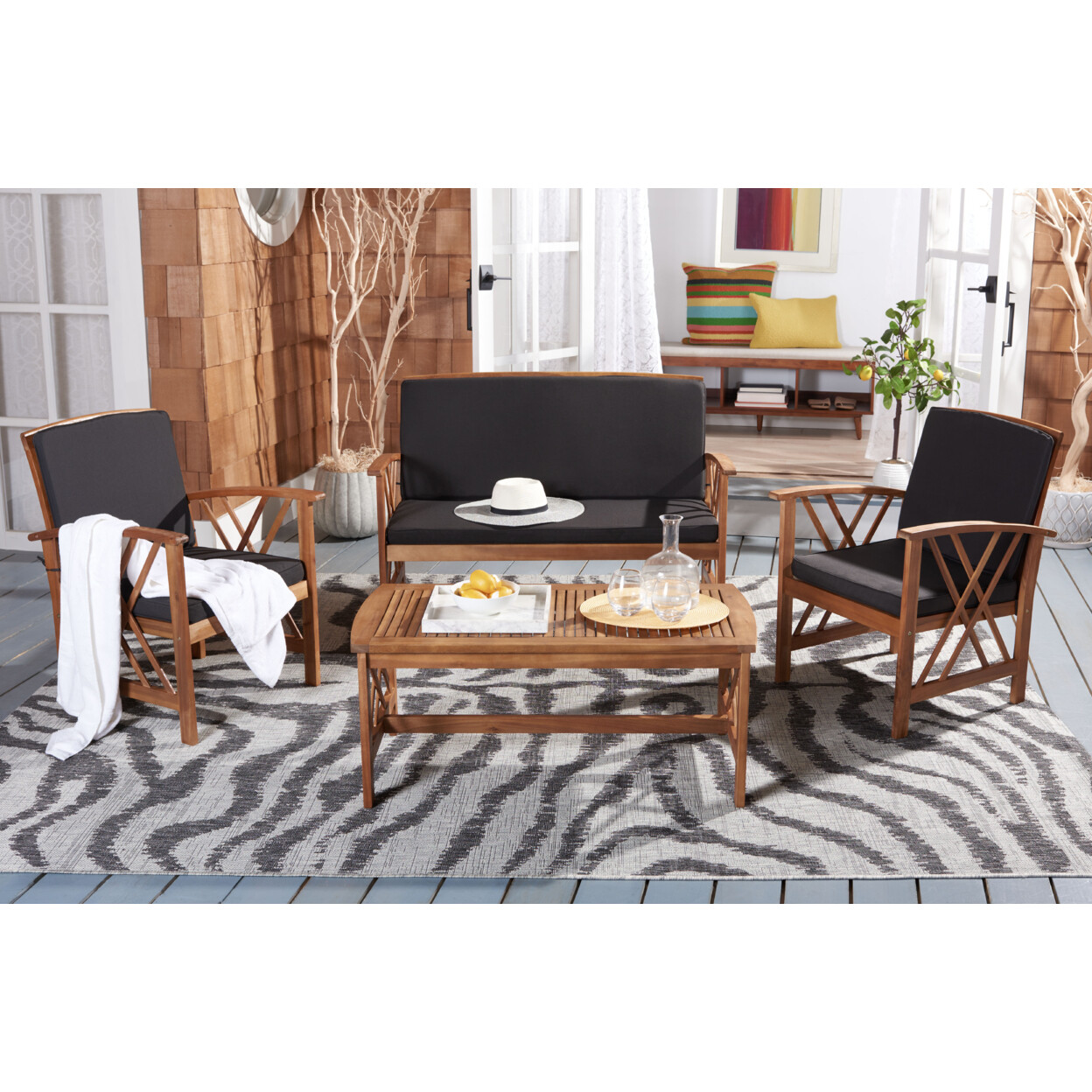 SAFAVIEH Outdoor Collection Fontana 4-Piece Patio Set | Black Cushion |