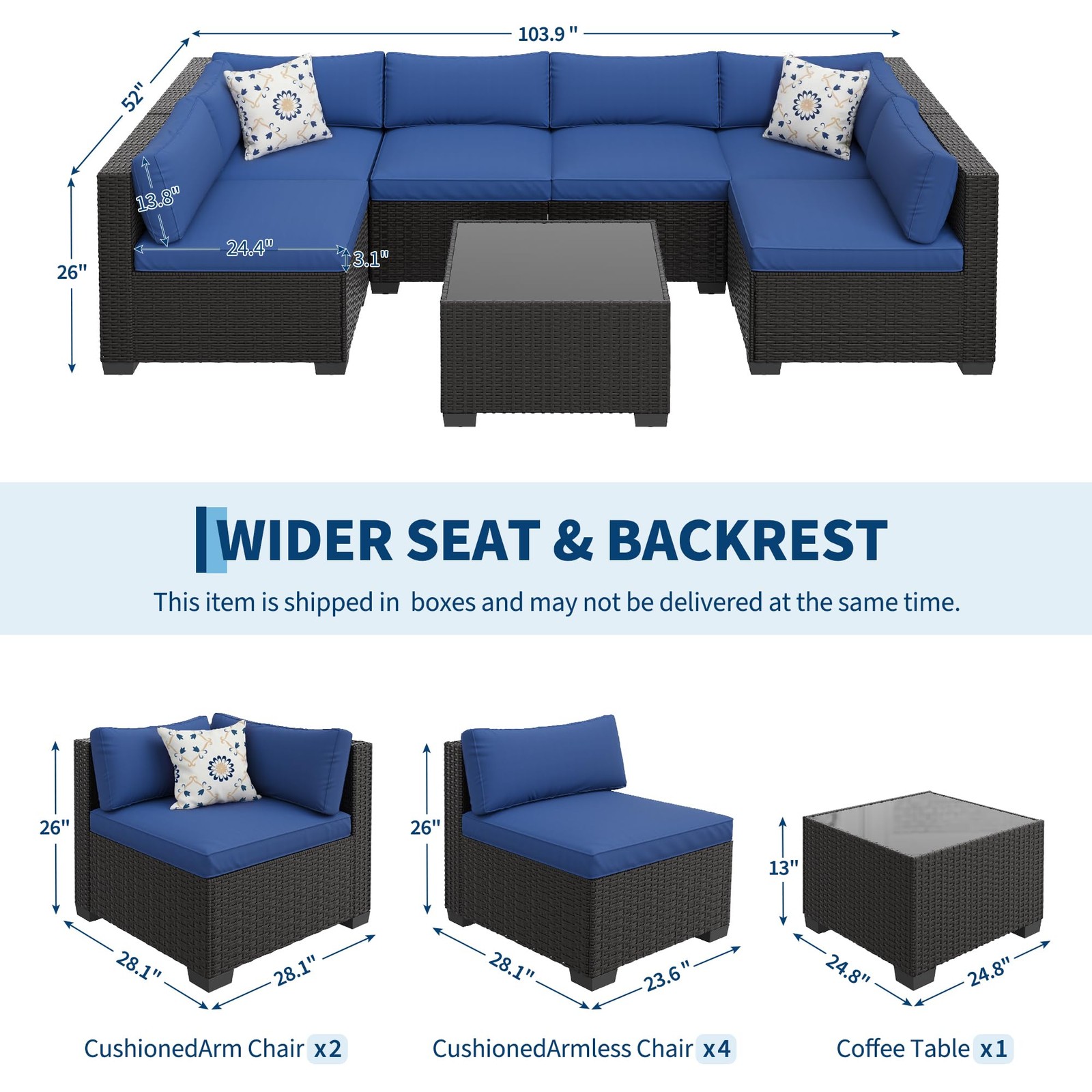 7-Piece Outdoor Rattan Wicker Sectional Sofa with Cushions & Steel Frame for Pat
