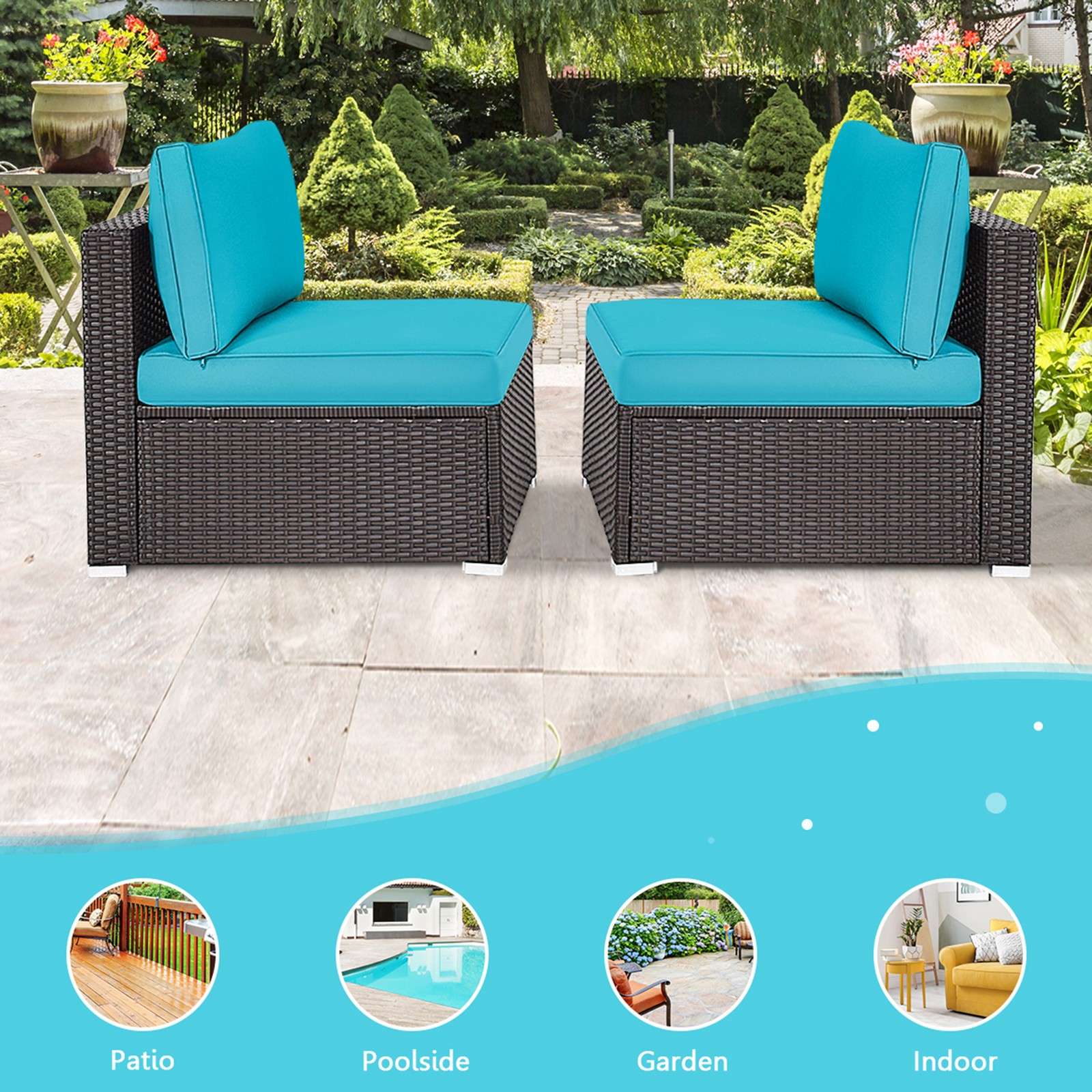 2PCS Patio Wicker Rattan Sectional Armless Chair Sofa w/ Turquoise Cushion