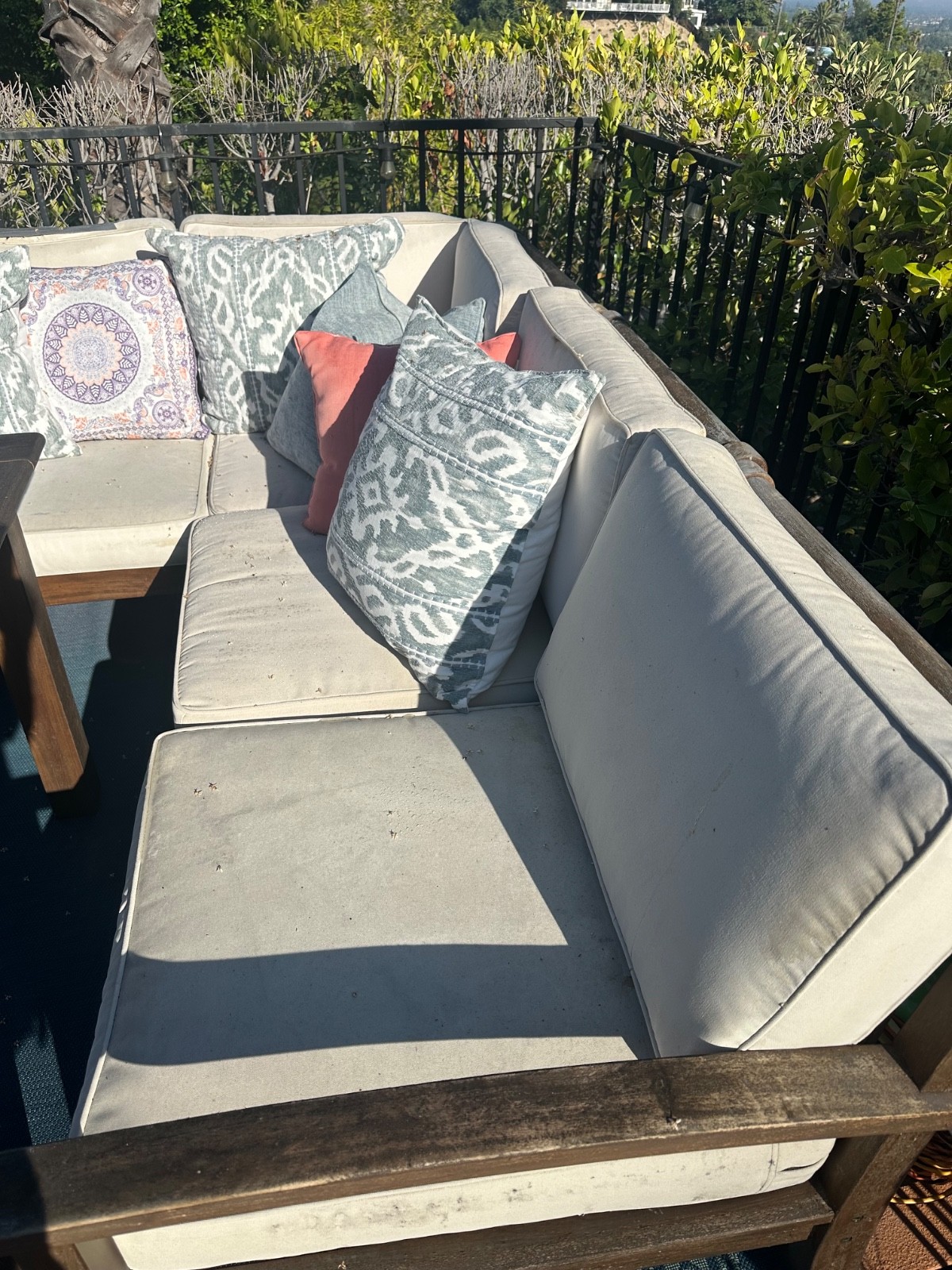 used outdoor patio furniture set. All teakwood and modern styled. Mahogany color
