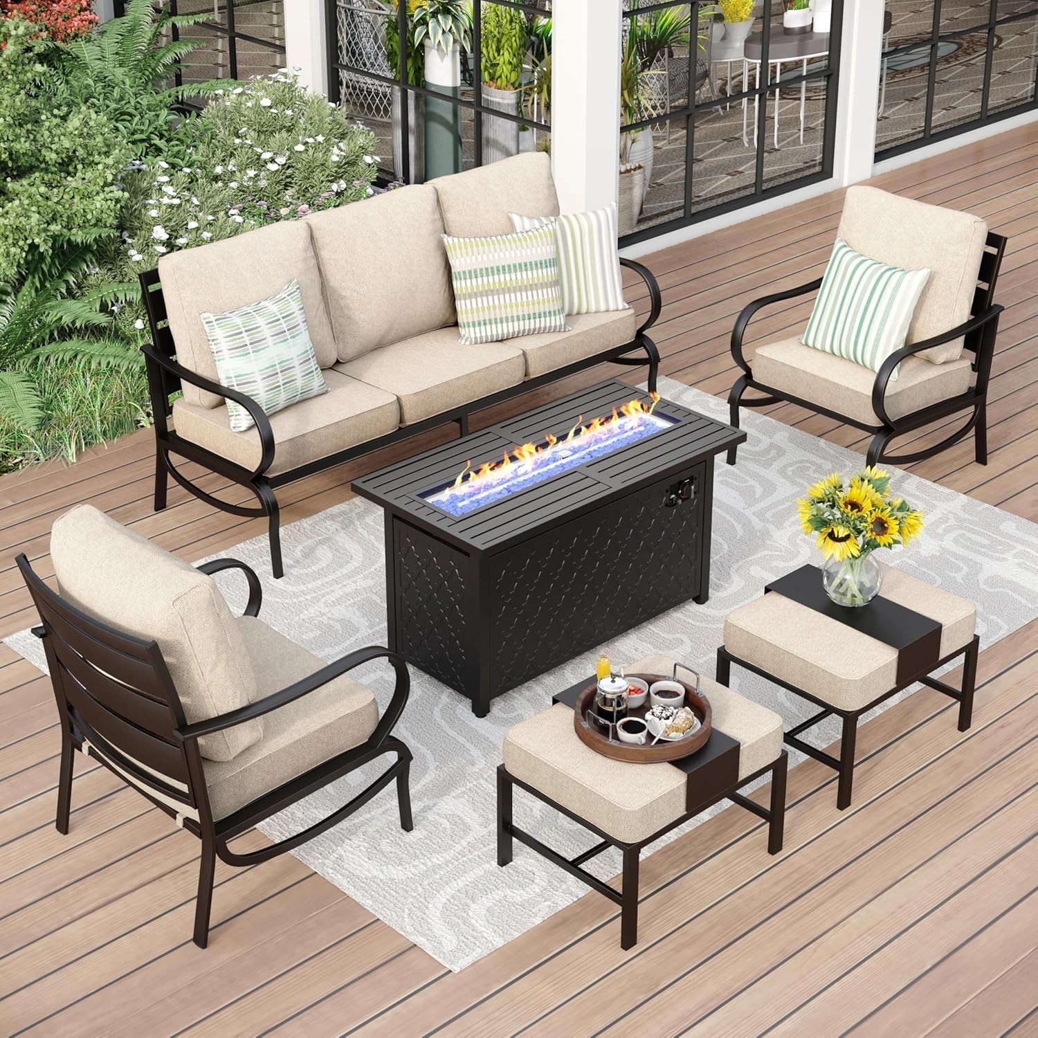 6 Piece Patio Furniture Set Garden Lawn Outdoor Set W/ Gas Fire Pit Table Heater