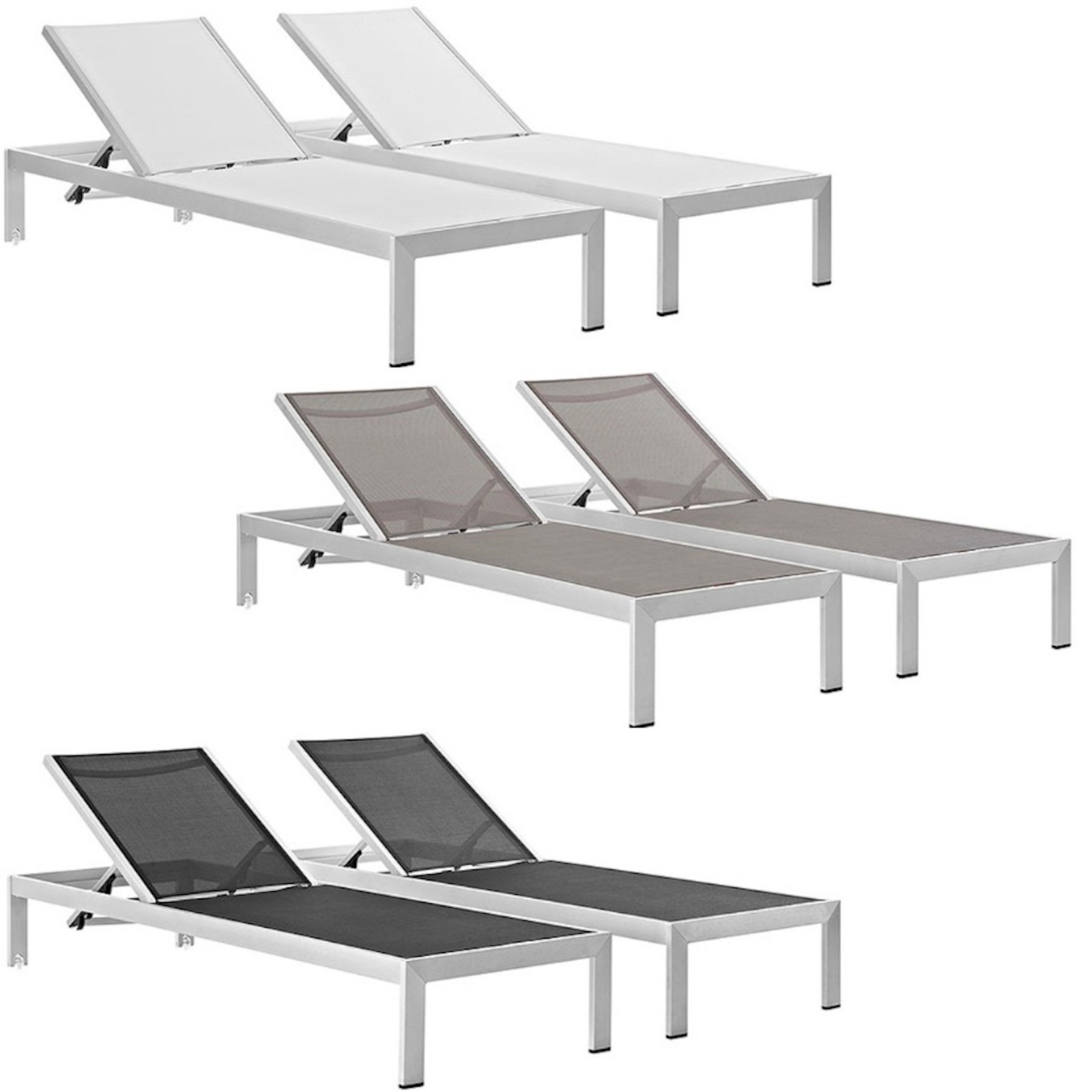 2 Outdoor Lounge Sun Chairs Black, White, Gray Textiline Mesh Brushed Aluminum