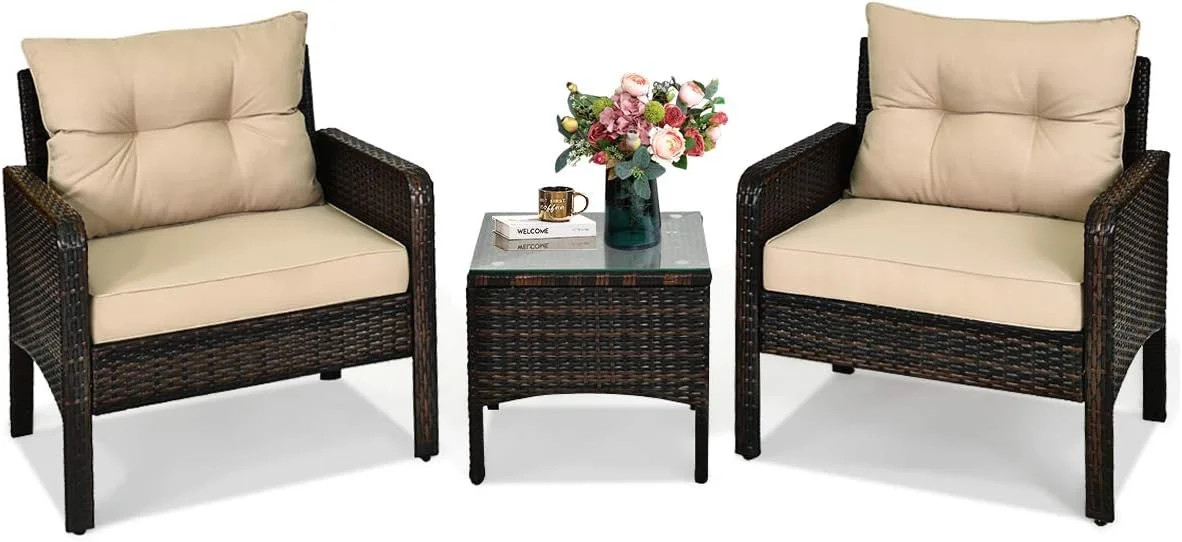 HAPPYGRILL 3 Pieces Patio Furniture Set Outdoor Rattan Wicker Coffee Table & Cha