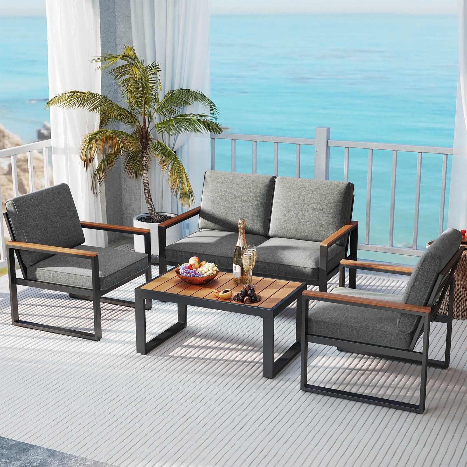 4 PCS Patio Aluminum Furniture Set Wood-Plastic Armrests & Tabletop for Balcony