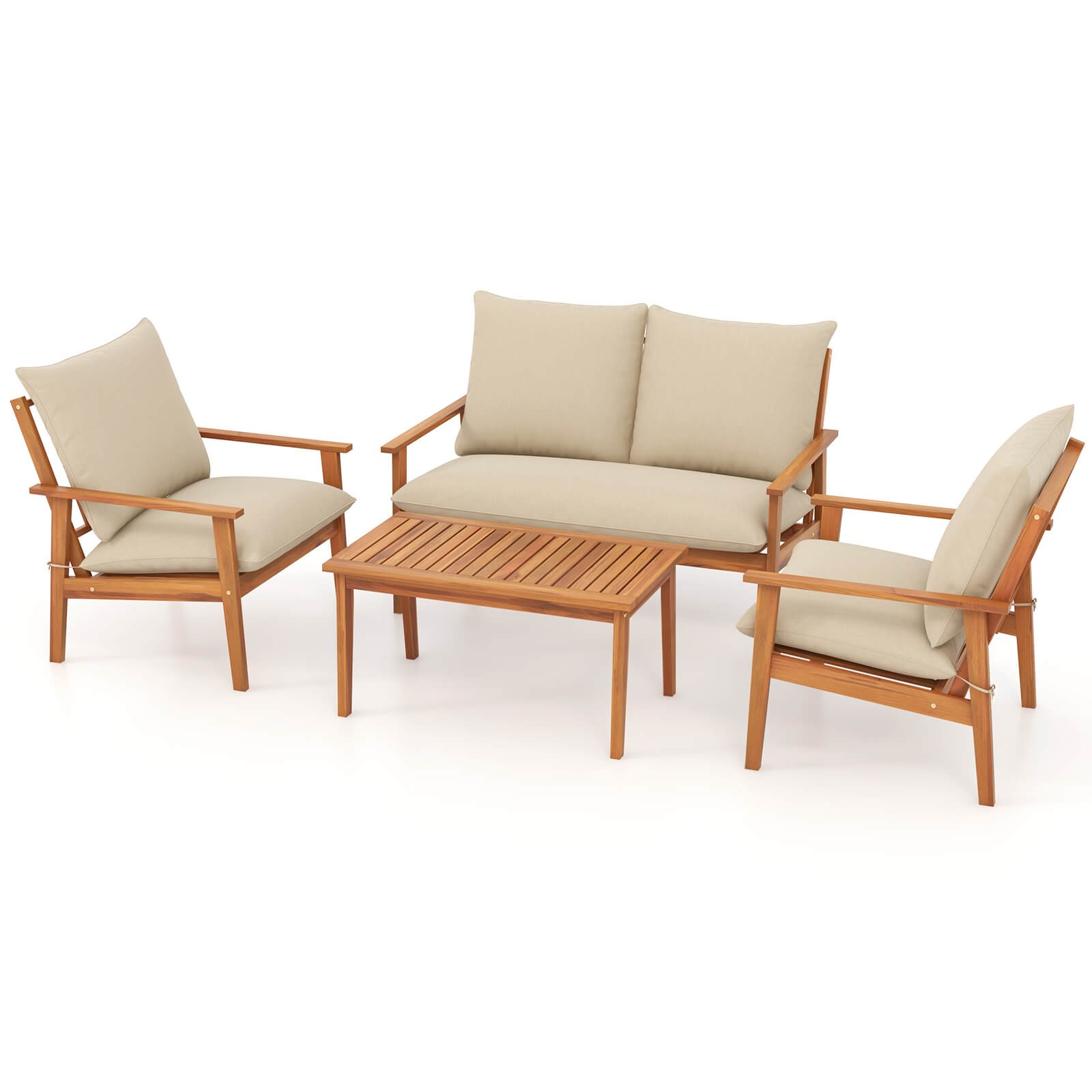 4 PCS Acacia Wood Patio Furniture Set with Soft Cushions and Coffee Table