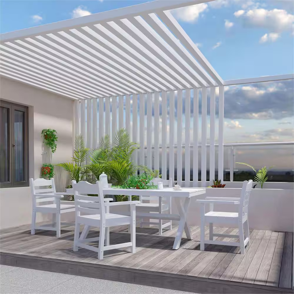 White Plastic Outdoor Dining Chairs with Imitation Wood Grain, Patio All-Weather