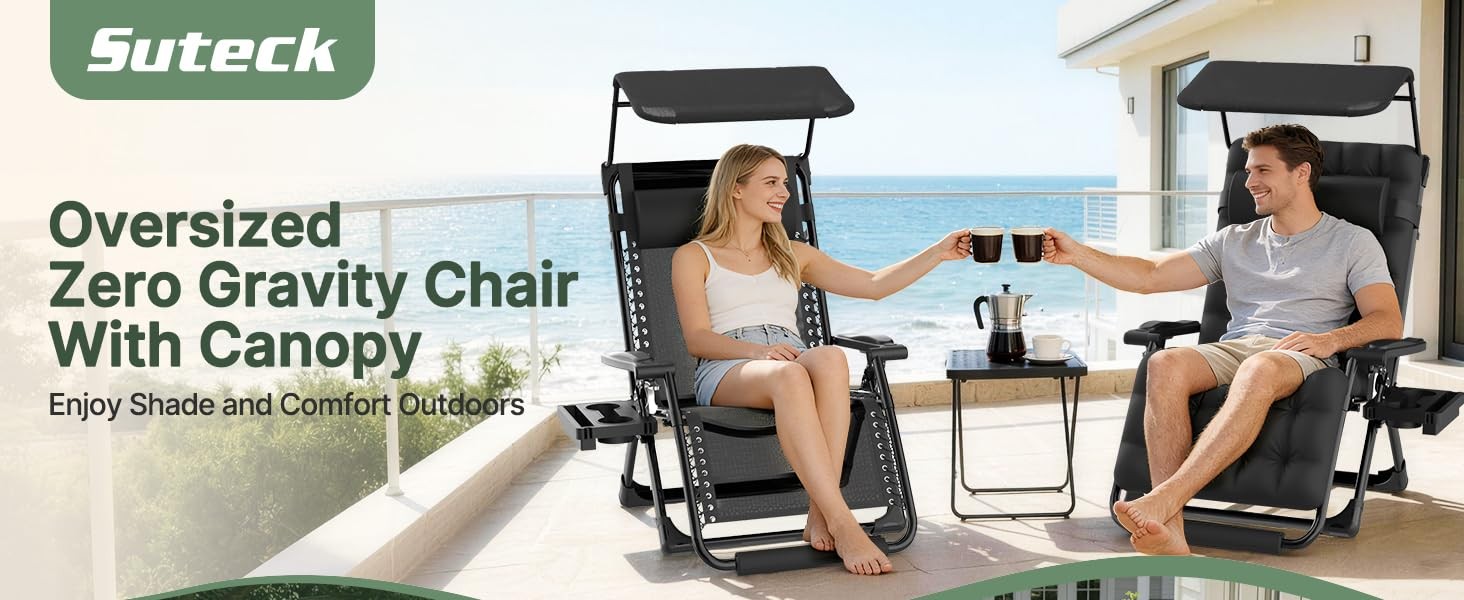 Suteck Zero Gravity Chair with Canopy,33In XXL Oversized Lounge Chair w/Removabl