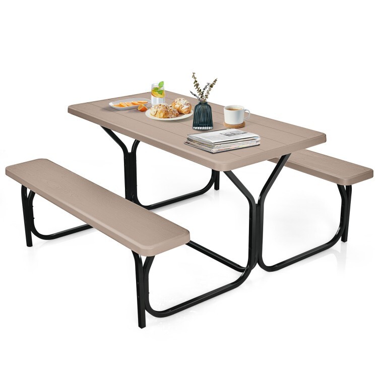HDPE Outdoor Picnic Table Chair Set Bench Set backyard Garden Steel Frame Coffee